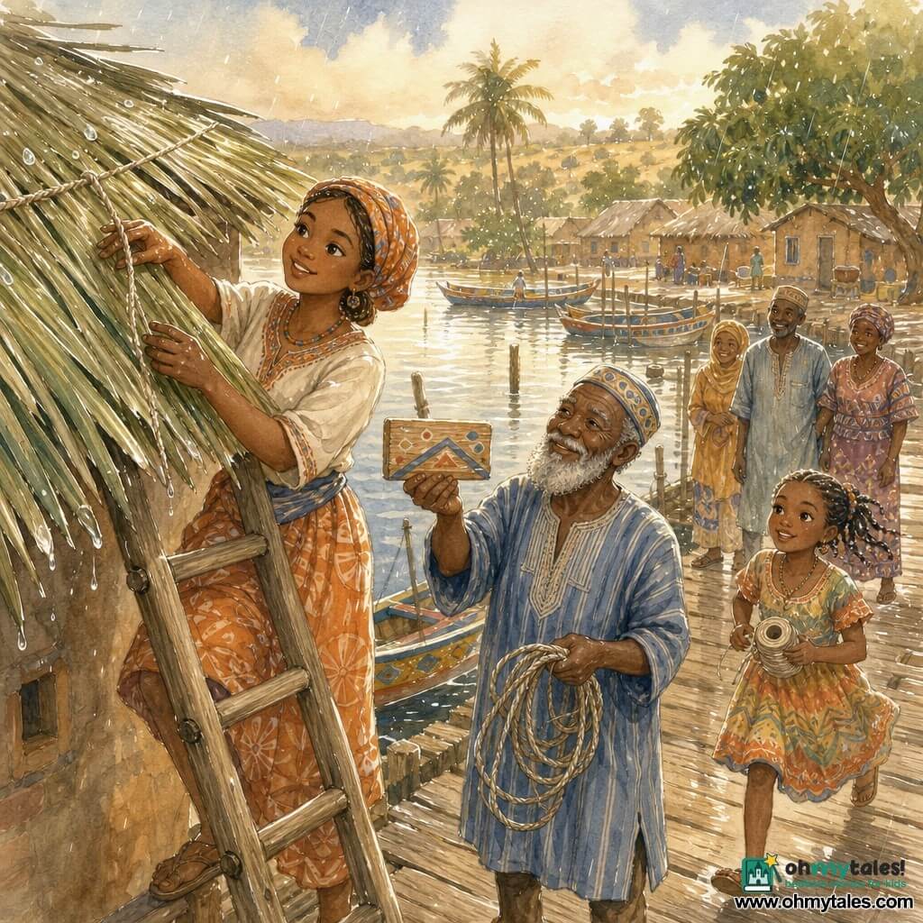 Amina, a young woman with a warm, earth-toned complexion and a round face, smiles calmly as she climbs a small wooden ladder holding bundles of palm leaves and a rope, her clay-stained fingers skilled; Old Tano, about 70, with a thick gray beard and narrowed eyes, stands on the worn wooden dock holding a salted rope and offering a painted board, looking at Amina with pride; a curious eight-year-old girl with tight braids and a colorful dress runs from the riverbank toward them with a spool of twine; the setting is a small African riverside village at late afternoon—colorful dugout canoes moored, adobe houses with palm-thatched roofs, dry grass and mango trees in the background—as Amina repairs her palm-leaf roof under golden light and a few raindrops bead on the new leaves, villagers on the dock watch and smile, creating a warm, peaceful, communal atmosphere.