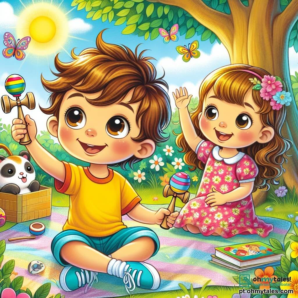 Um menino de 4 anos, chamado João, com grandes olhos brilhantes e cabelos castanhos bagunçados, está sentado em um jardim ensolarado, com um largo sorriso no rosto. Ele veste uma camiseta amarela e shorts azuis, segurando um pequeno kendama feito em casa, pronto para brincar. Ao lado dele, sua irmã Ana, uma menina de 6 anos com cabelos longos e ondulados, usa um vestido rosa com flores e o incentiva entusiasticamente, levantando os braços para mostrar como fazer um truque. Sua mãe, uma mulher sorridente com cabelos castanhos presos em um coque, os observa de perto, sentada em uma toalha de piquenique colorida, cercada de livros e brinquedos. O jardim está cheio de flores coloridas, borboletas voando e uma grande árvore sombreada, criando uma atmosfera alegre e de verão. A cena principal mostra João e Ana se divertindo juntos, descobrindo o prazer de brincar com seu kendama, enquanto compartilham risadas e momentos de cumplicidade sob o doce sol de verão.