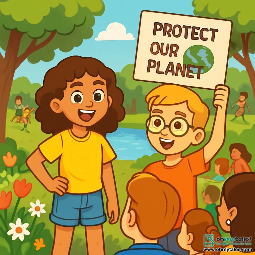 A 12-year-old girl, Mia, with curly brown hair and sparkling curious eyes, stands in the middle of a lush park. She wears a bright yellow t-shirt and denim shorts, displaying a determined and enthusiastic smile. Next to her, her friend Luca, a 12-year-old boy with blonde hair and glasses, is holding a cardboard sign that says "Let's protect our planet!" The park is filled with colorful flowers, red tulips, and white daisies, and a small lake sparkles in the sun. Majestic trees with lush green leaves surround the scene, while children play joyfully in the background. Mia and Luca are organizing a community meeting to raise awareness about climate change. They are surrounded by families who listen attentively, creating an atmosphere of unity and hope.