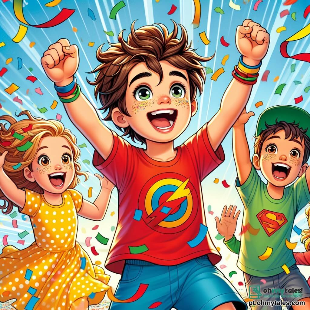 No centro da imagem, Lucas, um garoto de dez anos, está cercado por uma explosão de confetes coloridos que caem ao seu redor. Ele tem um sorriso radiante e olhos brilhantes de alegria, com cabelos castanhos bagunçados. Ele usa uma camiseta vermelha com um logo de super-herói e um short azul, e está pulando de alegria, com os braços levantados para o céu. À sua direita, Pedro, também de dez anos, tem cabelos loiros e usa um boné verde virado. Ele ri alto, com os braços abertos, como se quisesse pegar os confetes que caem. À esquerda, Júlia, uma menina de dez anos com cabelos longos e cacheados, usa um vestido amarelo com bolinhas. Ela dança alegremente, tentando pegar os confetes com as mãos. A cena acontece em um parque ensolarado, com árvores verdes ao fundo, um céu azul brilhante e um banco de madeira onde outras crianças assistem à cena com admiração. A situação principal mostra Lucas, com um grande sorriso, controlando seus poderes de super-herói ao fazer chover confetes coloridos para celebrar o aniversário de seu amigo Pedro, criando uma atmosfera festiva e alegre.