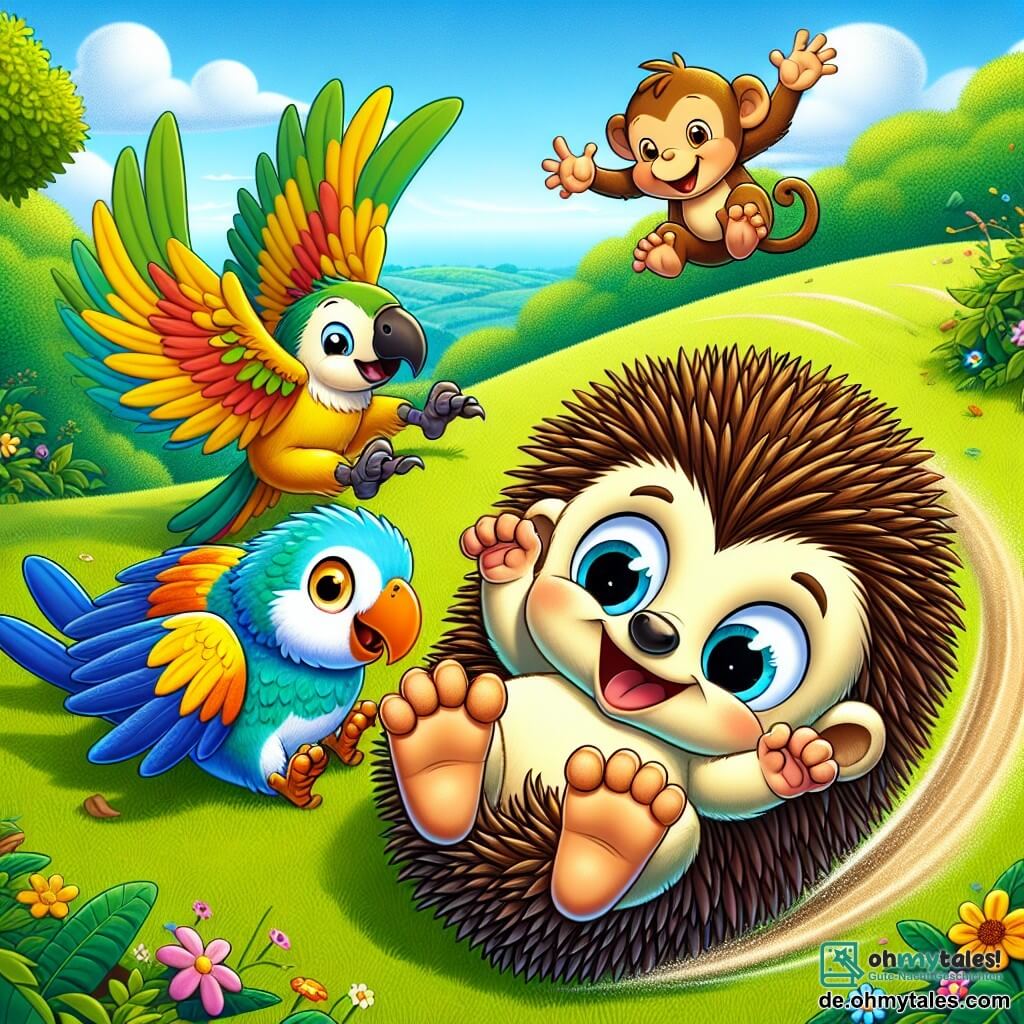 Ein kleiner Igel namens Hansi mit braunen Stacheln und funkelnden Augen rollt fröhlich auf einem leuchtend grünen Grasball und lacht laut. Neben ihm fliegt eine schöne Papageiendame namens Lilli mit buntem Gefieder fröhlich und ist bereit, ihm in seinem Lauf zu folgen. Ein wenig weiter schwingt ein schelmischer Affe namens Max mit hellbraunem Fell und einem schelmischen Lächeln von Ast zu Ast und beobachtet seine Freunde amüsiert. Die Szene spielt sich auf einem grünen Hügel ab, umgeben von üppigen Bäumen und strahlenden Blumen, unter einem strahlend blauen Himmel. Hansi, Lilli und Max rasen zusammen den Hügel hinunter, lachen und haben Spaß, während sie einen Moment reinen Glücks und Freundschaft schaffen.