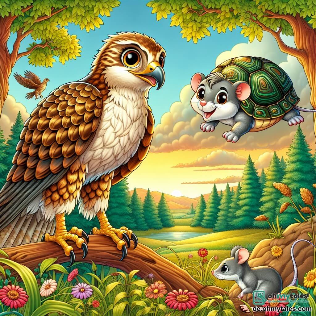 In der Mitte steht ein junger Falke mit goldenem Gefieder und glänzenden, neugierigen Augen auf einem Ast, entschlossen und ein wenig besorgt, während er die Landschaft darunter beobachtet. Rechts von ihm schlüpft eine kleine graue Maus mit funkelnden, neugierigen Augen vorsichtig zwischen den hohen Gräsern hindurch und schaut den Falken bewundernd an. Links sitzt eine alte Schildkröte mit marmoriertem Panzer und weisen, sanften Augen auf einem Felsen, ruhig und nachdenklich, als würde sie den jungen Tieren Ratschläge geben. Die Szenerie ist eine grüne Lichtung, umgeben von majestätischen Bäumen mit leuchtenden Blättern und bunten Blumen, die im Wind tanzen. Im Hintergrund färbt sich der hellblaue Himmel goldig, was den Sonnenaufgang ankündigt. Die Hauptsituation zeigt den Falken und die Maus, die sich auf ein Abenteuer vorbereiten, entschlossen, die Welt jenseits ihres Waldes zu erkunden, was Hoffnung und Mut im Angesicht des Unbekannten symbolisiert.