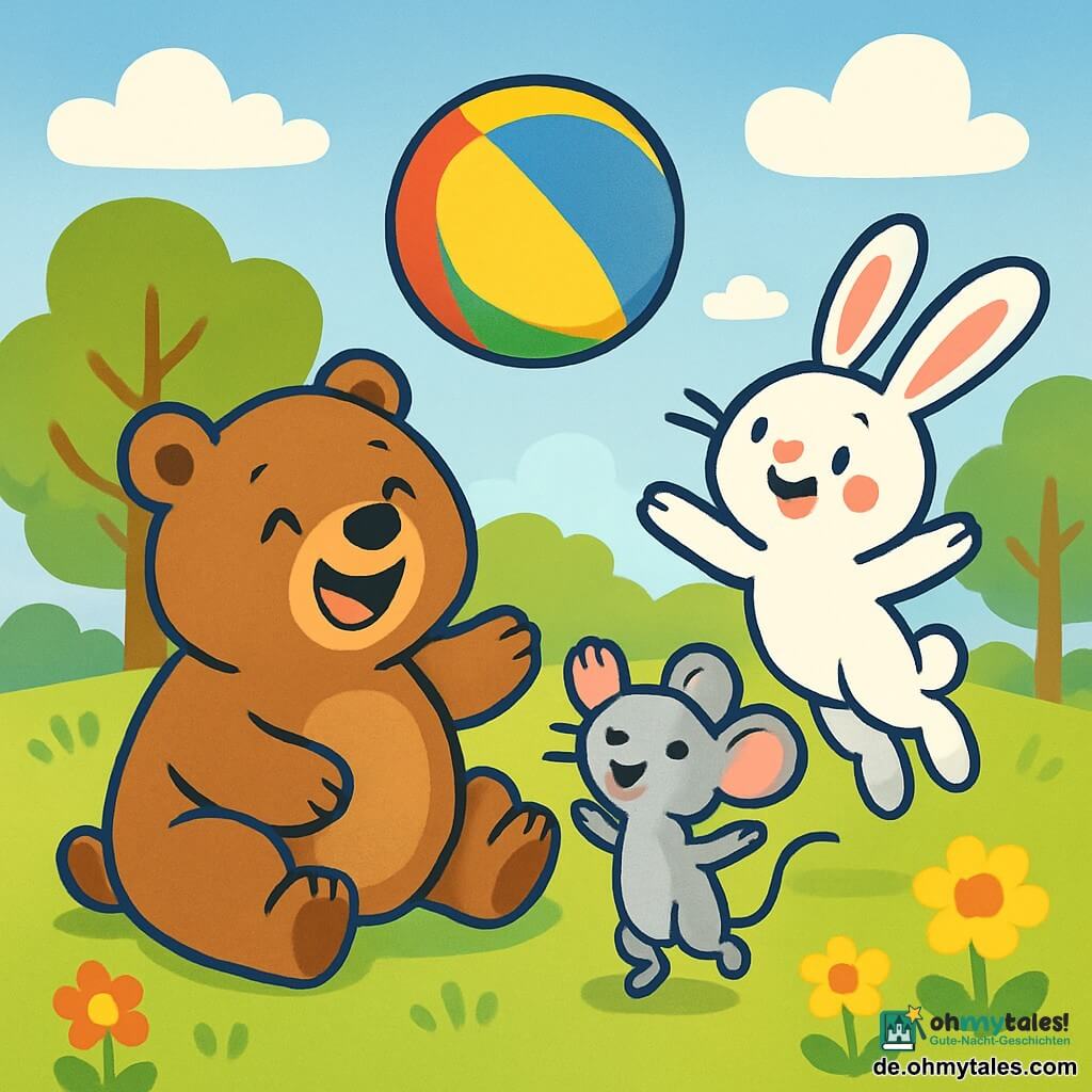 Ein fröhlicher, rundlicher Bär mit braunem Fell und schelmischen Augen sitzt auf dem grünen Gras und lacht laut, während er mit einem großen bunten Ball spielt. Neben ihm hebt eine kleine graue Maus mit großen Ohren und einem schelmischen Lächeln die Pfoten in die Luft, bereit, den Ball zu fangen. Ein weißer Hase mit großen Ohren, einem amüsierten Gesichtsausdruck und rosa Wangen springt fröhlich und versucht, den Ball zu berühren, der über ihnen schwebt. Die Szene spielt in einem sonnigen Park voller leuchtender Blumen und laubtragenden Bäumen, unter einem hellblauen Himmel mit flauschigen weißen Wolken. Im Mittelpunkt des Bildes haben der Bär, die Maus und der Hase Spaß zusammen, lachen und spielen, während sie versuchen, den fröhlich über das Gras rollenden Ball zu fangen.