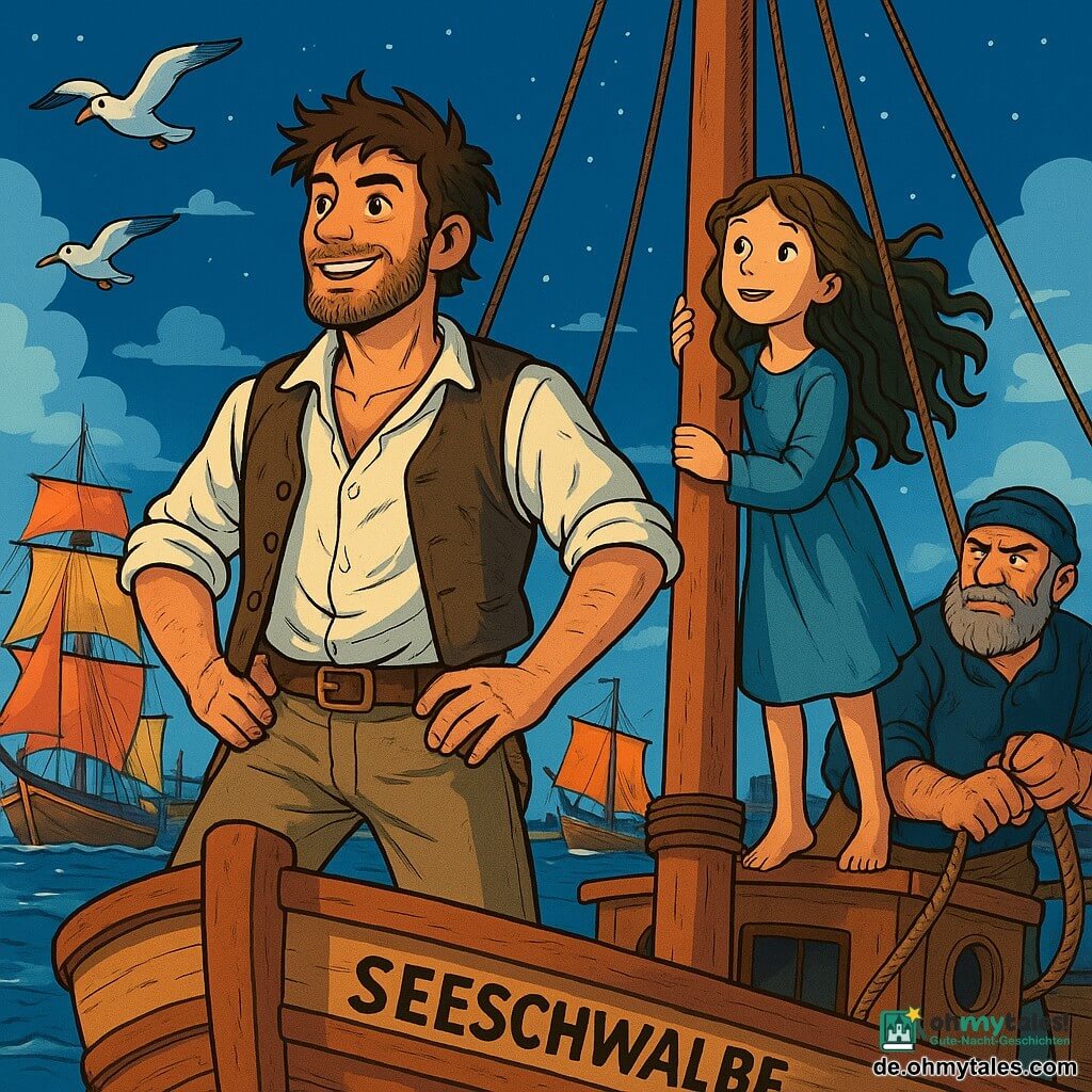 Ein Mann, Kapitän Jaro, steht stolz an der Bug seines Schiffes, der Seeschwalbe, mit zerzausten braunen Haaren und einem Drei-Tage-Bart. Sein Gesicht ist von Abenteuern gezeichnet, seine Augen leuchten vor Aufregung und Entschlossenheit. Er trägt ein zerknittertes weißes Hemd, eine abgenutzte Lederweste und eine Segelhose, während er mit einem selbstbewussten Lächeln den Horizont absucht. Neben ihm sitzt ein etwa 10-jähriges Mädchen, Mina, mit langen, welligen Haaren, die wie Algen sind, auf dem Mast. Sie schaut staunend in den sternenklaren Himmel, ihre Augen funkeln vor Neugier und Begeisterung. Ein älterer Mann, Hinnerk, der robuste Bootsmann mit grauem Bart und strengen Blick, steht am Heck des Bootes, hält ein Seil und ist bereit zu manövrieren. Der Ort ist ein lebhafter Hafen, mit bunten Segeln, die im Wind wehen, Möwen, die über den Köpfen schreien, und sanft schaukelnden Booten im Wasser. Der Himmel ist tiefblau, durchzogen von strahlend weißen Wolken. Die Hauptsituation zeigt Kapitän Jaro und seine Crew, die sich darauf vorbereiten, bei Einbruch der Nacht den Hafen zu verlassen, während sie sich aufmachen, das Unbekannte zu erkunden, mit hoffnungsvollen und abenteuerlustigen Gesichtern, bereit, die Geheimnisse des Meeres zu entdecken.