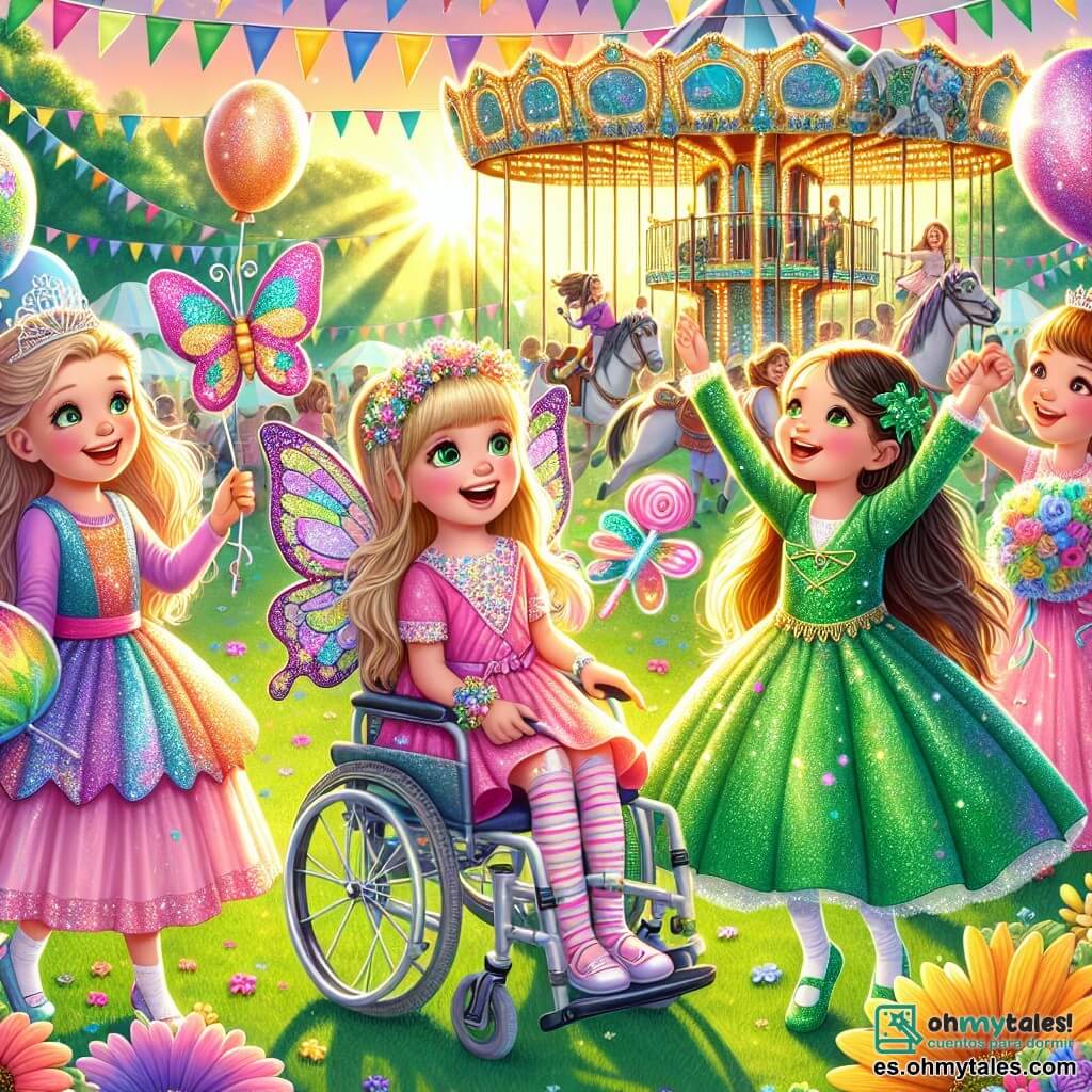 En un parque soleado, cuatro amigas están juntas, rodeadas de colores vivos y decoraciones de carnaval. Sofía, una niña de 8 años, disfrazada de mariposa con alas multicolores brillantes, sonríe alegremente sosteniendo un gran globo en forma de mariposa. Clara, de 9 años, lleva un vestido rosa de princesa y una diadema brillante, levantando los brazos con entusiasmo. Ana, de 7 años, vestida de hada con un vestido verde y una varita mágica brillante, mira a su alrededor con ojos maravillados. Valeria, de 8 años, en silla de ruedas y disfrazada de dragón verde con escamas brillantes, está en el centro del grupo, radiante de felicidad. El parque está lleno de flores coloridas, globos flotantes y guirnaldas de luz, mientras un gran carrusel gira al fondo, iluminado por el sol poniente. Las cuatro amigas ríen y se divierten juntas, compartiendo momentos de alegría en una atmósfera festiva y mágica.