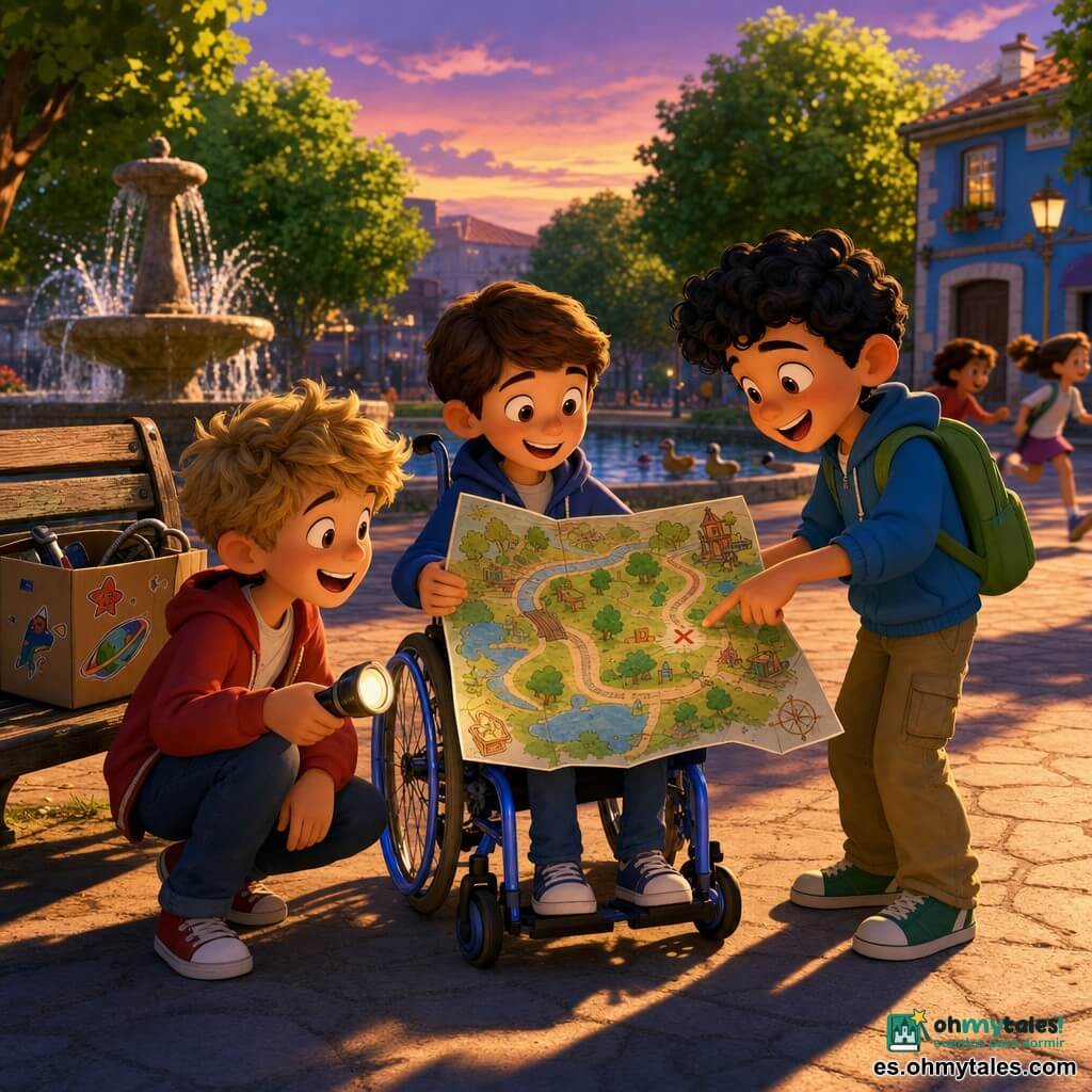 Hay 3 personajes: Marcos — niño de ~9 años, pelo castaño corto, sentado en una pequeña silla de ruedas azul brillante, sonriente y extendiendo un gran mapa colorido hacia adelante, al centro; Santi — niño de ~9 años, pelo rubio despeinado, chaqueta roja, agachado a la izquierda de Marcos con una linterna, mirando el mapa con entusiasmo; Rami — niño de ~9 años, piel oliva, pelo negro rizado, de pie a la derecha de Marcos señalando un dibujo en el mapa y riendo, con mochila verde. Lugar: una pequeña plaza de barrio al crepúsculo con banco, fuente redonda con salpicaduras, árboles de hojas verdes brillantes, un pequeño estanque de patos y una casa azul en la esquina; suelo empedrado con piedras cálidas y largas sombras. Situación principal: los tres amigos despliegan un gran mapa colorido sacado de una caja de cartón decorada sobre el banco; escena alegre y dinámica con risas y gestos entusiastas, otros niños desenfocados corriendo hacia el mapa, paleta saturada, contrastes marcados, iluminación dorada del ocaso, siluetas en cel-shading y composición centrada en el mapa y los rostros felices.
