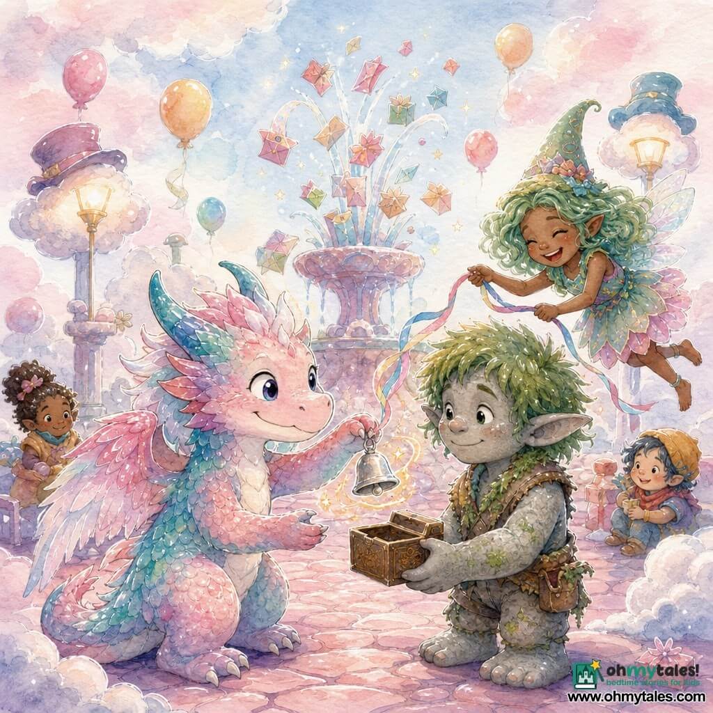 A small dragon named Fizzletop, cheerful and shy with a rounded snout and pastel pink-and-turquoise scales, fluffy wings and bright round eyes, delicately holds a tiny silver bell and offers it; Grumble, an ~8-year-old boy troll with mossy green hair and soft stone-like skin, smiles emotionally and holds open a small wooden box to receive the bell; a green-haired pixie girl in a pointed hat floats nearby laughing and holds a colorful ribbon to tie the bell; they stand on Puffball Plaza, a floating square with cotton-candy pink cobbles, a gift-sprouting fountain, cloud lampposts with hats and floating balloons; the tender exchange shows Grumble attaching the bell to the box with the ribbon, a small jingle sending watercolor stars and sparkles around, warm and intimate atmosphere.