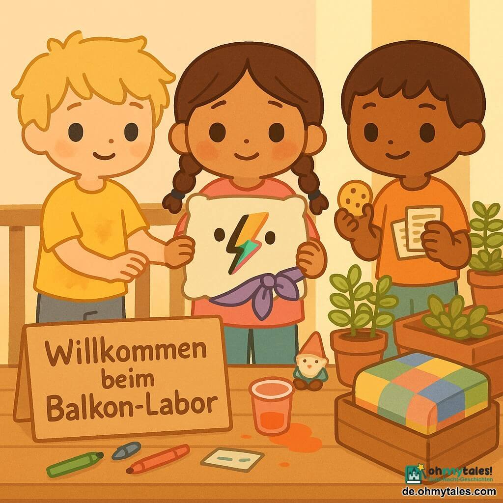 Mina, 10 Jahre, rundes Gesicht, braune Zöpfe, große glänzende Augen, verlegene und erleichterte Miene mit geröteten Wangen, hält ein beflecktes Kissen mit einem schwarzen Strich, der als "Blitz" umgedeutet wird, trägt ihm einen bunten Stoffumhang; links Ben, 9 Jahre, blonder zerzauster Haarschopf, zitronenfarbenes Wasserflecken-T-Shirt, betroffen lächelnd, legt schützend die Hand aufs Kissen; rechts Leni, ca. 9 Jahre, hellbraune kurze Haare, schelmisches Lächeln, hält Klebe-Eintrittskarten und eine Keksdose, bietet einen Keks an; kleiner gemütlicher Balkon mit gestrichener Holzbrüstung, unterschiedlichen Kissenkisten, Töpfen mit Minze und Basilikum, kleinem Gartenzwerg, Pappschild "Willkommen beim Balkon-Labor" auf dem Tisch mit Filzstiften und umgestoßenem Saftbecher; improvisiertes Kissentheater, aus Fehlern wird ein bunter Held, helle fröhliche Atmosphäre, lebhafte Pastellfarben, einfache Komposition, weiche Texturen, goldenes Spätnachmittagslicht.