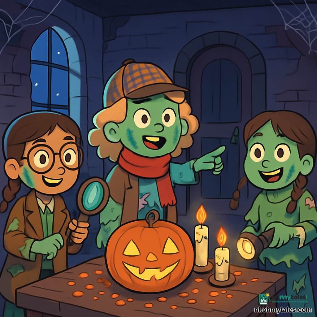 Er zijn 3 personages: - Noor: een 10-jarig meisje met bruin gevlochten haar en ronde bril. Ze draagt een zombie-detectivekostuum met een vergrootglas in de hand, staat links met een nieuwsgierige glimlach. - Yara: een 10-jarig meisje met krullend blond haar en een grote rode sjaal. Ze staat in het midden, gekleed in een zombiekostuum met een detectivehoed, wijst naar een mysterieuze deur. - Lotte: een 10-jarig meisje met kastanjebruin haar en vlechten. Ze draagt een zombiekostuum met nepverbanden en staat rechts, met opgewonden ogen en een zaklamp in de hand. De locatie is een oud verlaten huis met gebarsten bakstenen muren en spinnenwebben in de hoeken. Het maanlicht valt door de stoffige ramen en creëert dansende schaduwen op de gekraakte houten vloer. Een grote tafel in het midden is versierd met oranje confetti en flikkerende kaarsen, terwijl een glimlachende pompoenlamp de scène verlicht. De belangrijkste situatie toont de drie vriendinnen, verkleed als zombie-detectives, die nieuwsgierig het spookhuis verkennen, klaar om het mysterie van een mysterieuze uitnodiging op te lossen, omringd door een zowel angstaanjagende als leuke sfeer.