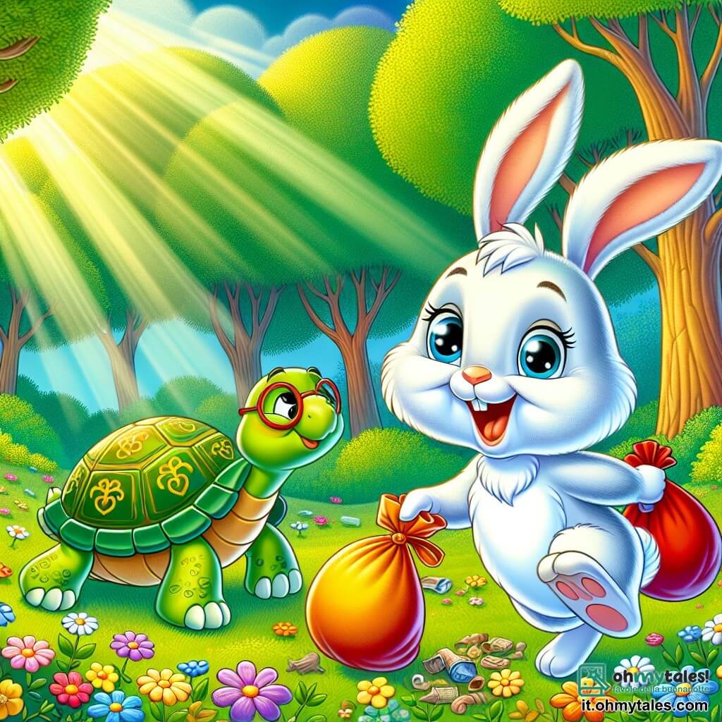Un piccolo coniglio bianco di nome Leo, con occhi blu scintillanti e un ampio sorriso gioioso, sta saltando in una radura verde, circondato da fiori colorati. Accanto a lui, una saggia tartaruga di nome Tilly, con un guscio verde decorato da motivi dorati, guarda Leo con uno sguardo incoraggiante, mentre tiene una piccola pala tra le zampe. Il luogo è una bella radura soleggiata, circondata da alberi maestosi con foglie di un verde brillante, con raggi di sole che filtrano tra i rami, illuminando il terreno cosparso di fiori multicolori. La scena principale mostra Leo e Tilly intenti a raccogliere rifiuti in sacchetti colorati, mentre altri animali del bosco, come scoiattoli e uccelli, li osservano con curiosità, pronti ad aiutarli nella loro missione di pulizia e protezione della natura.