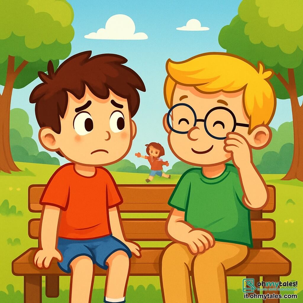 Ci sono 2 personaggi principali: Matteo, un ragazzo di 8 anni con capelli castani disordinati e occhi vivaci, indossa una maglietta rossa e pantaloni corti blu, e si trova a sinistra con un'espressione preoccupata. Luca, un ragazzo di 8 anni con capelli biondi e occhiali rotondi, indossa una maglietta verde e pantaloni beige, è a destra mentre si asciuga le lacrime con un sorriso timido, mostrando di sentirsi meglio. La scena si svolge in un parco soleggiato, circondato da alberi verdi e un grande campo da gioco con erba verde brillante. Sullo sfondo, ci sono bambini che ridono e giocano, sotto un cielo azzurro punteggiato di nuvole bianche. L'episodio principale mostra Matteo e Luca seduti su una panchina di legno, discutendo delle loro emozioni dopo un incidente di gioco, con Matteo preoccupato e Luca che inizia a sorridere, simboleggiando il passaggio dalla tristezza alla comprensione e all'amicizia.