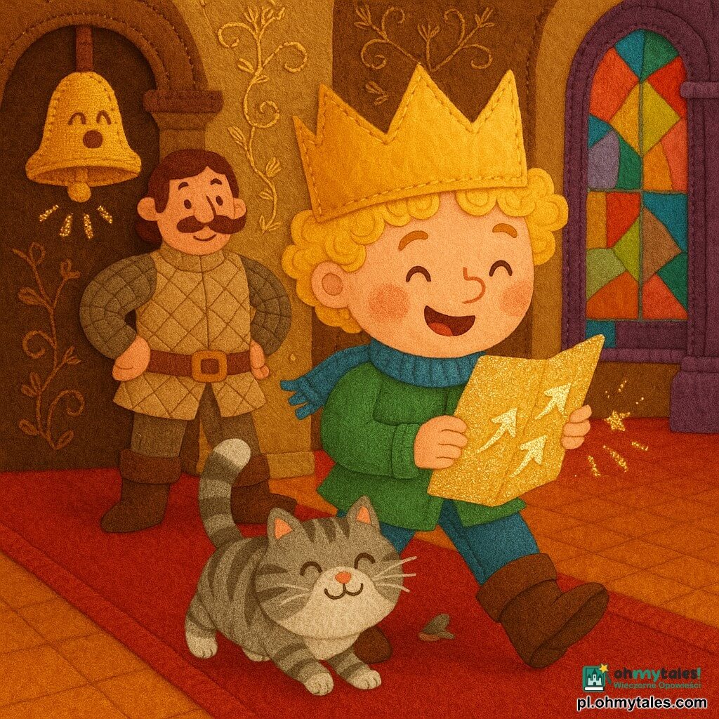 Mały książę (chłopiec) uśmiechnięty i zachwycony, blond loki, za duża błyszcząca złota koronka z tkaniny, która „klik-klak”, trzyma błyszczącą papierową, brokatową mapę i kroczy radośnie, obok niego przy stopach przytulny, okrągły kot królewski w szaro-białe paski, mruczy ocierając się o buty; za księciem z lewej stoi rycerz (~35 lat) z wąsami jak sprężyny, w wypikowanym stroju, z rękami w pasie, rozbawiony; na drzwiach przyszyta złota dzwoneczek z wyszywaną twarzą, która kicha i sypie iskrami; sala tronowa jak patchwork: czerwony filcowy dywan, ściany haftowane złotymi kwiatowymi wzorami, kolorowe witraże z przejrzystych tkanin i fioletowe aksamitne kolumny; główna scena: książę podąża za błyszczącą mapą, z której trzy migoczące strzałki podskakują i szepczą, dwór lekko się śmieje, atmosfera zabawna, żywe kolory i wyraźne zszyte faktury.