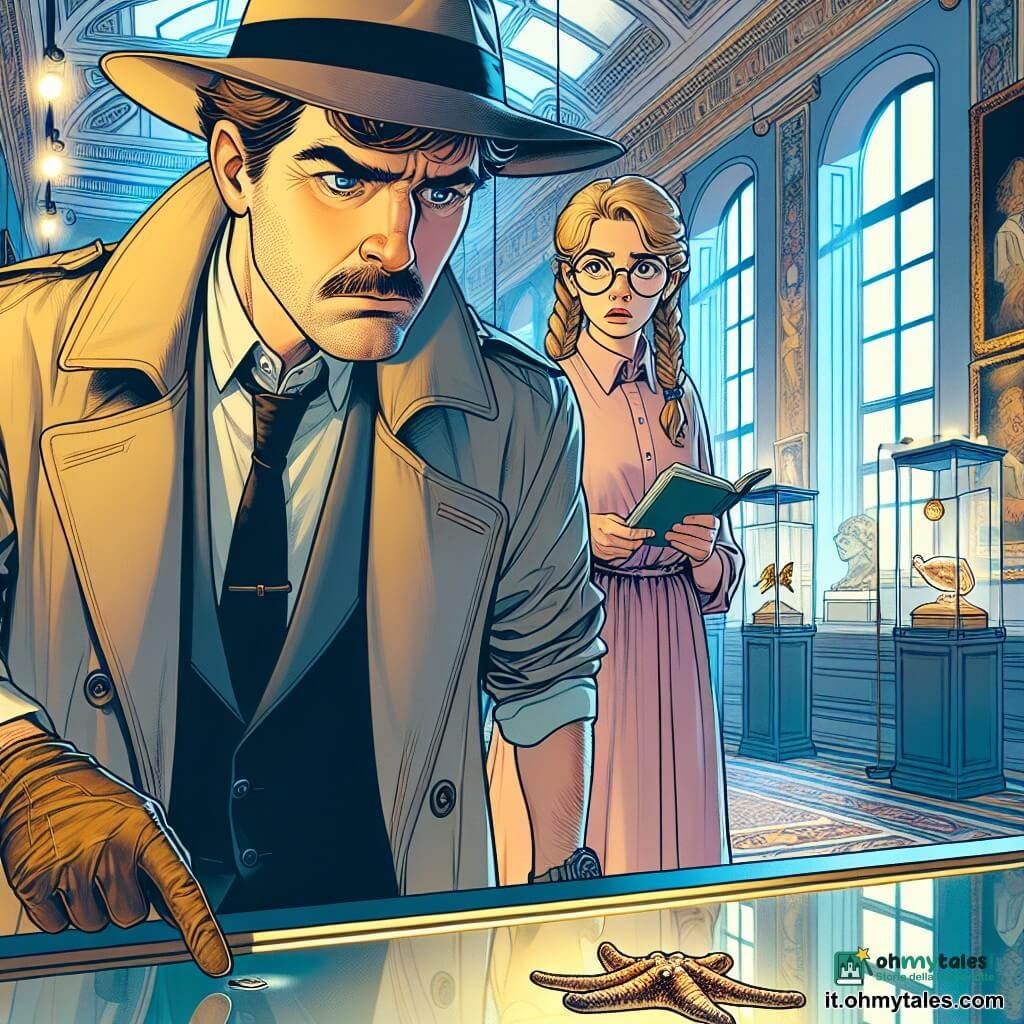 Un uomo detective di circa 35 anni, con capelli castani disordinati e un sottile baffo, indossa un trench beige e un cappello nero. La sua espressione è concentrata e determinata, con occhi brillanti di intelligenza. Si trova davanti a una grande vetrina di museo, osservando attentamente un'impronta di passo sul pavimento. Accanto a lui, una giovane di 20 anni, con capelli biondi intrecciati e occhiali rotondi, indossa un grembiule da museo. Guarda il detective con un'espressione di preoccupazione, tenendo un taccuino in mano. Il luogo è una sala di museo con pareti decorate da antichi dipinti, con illuminazione soffusa che mette in risalto oggetti preziosi esposti in vetrine di vetro. Il pavimento è in marmo lucido e una grande finestra lascia entrare la luce del giorno, creando un'atmosfera misteriosa. La scena principale mostra il detective che esamina attentamente un'impronta di passo, mentre la giovane, visibilmente nervosa, lo osserva, consapevole che si è verificato il furto di una preziosa stella marina.