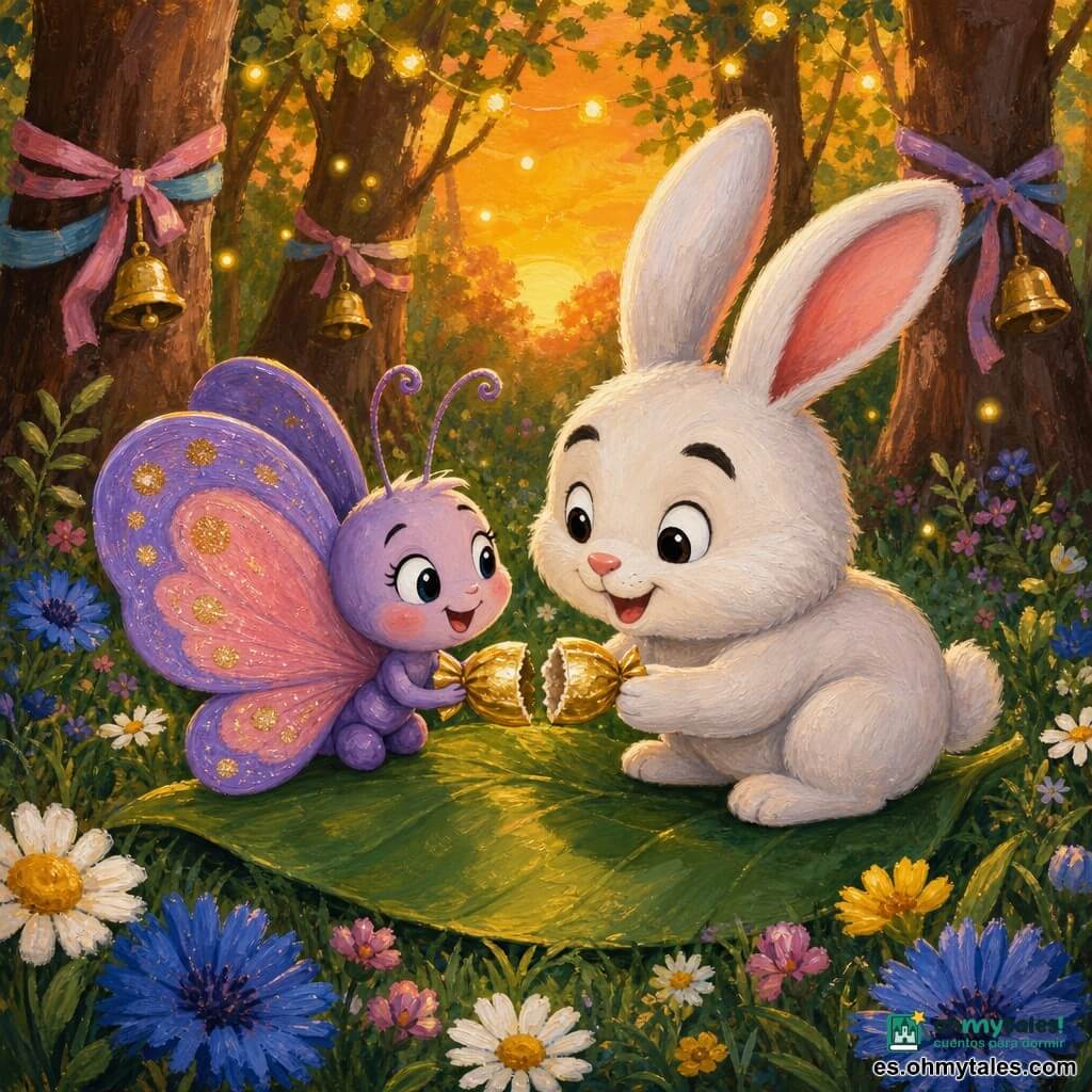Una pequeña mariposa llamada Lila, de alas redondeadas color lavanda y rosa con lunares dorados, posa sobre una hoja compartiendo la mitad de un pequeño caramelo dorado con Tito, un conejito de Pascua blanco y regordete de largas orejas y sonrisa juguetona; diminutas luciérnagas amarillas revolotean como guirnaldas; escena en un claro al atardecer con hierba y flores, troncos con lazos y campanillas, luz naranja y sombras largas; ambiente tierno y festivo con destellos en las alas y brillo dorado en el envoltorio.