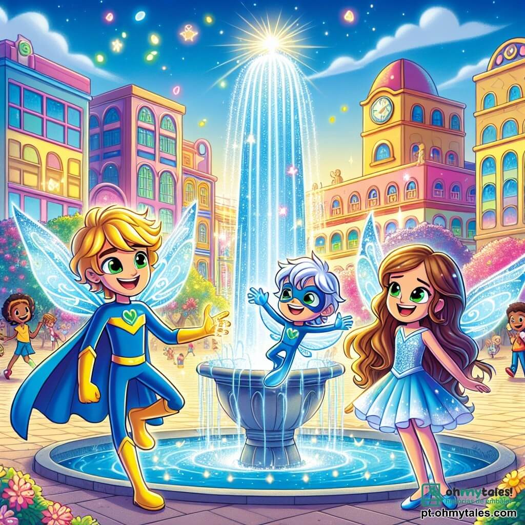 Um super-herói chamado Luminho está no centro da cena, com uma grande capa azul flutuando atrás dele. Ele tem cabelos dourados brilhantes, olhos verdes cheios de alegria e um sorriso caloroso. Luminho toca uma fonte que brilha com luzes coloridas, iluminando seu rosto com reflexos brilhantes. Ao seu lado, a Fadinha Azul, uma menina de cerca de 8 anos, com asas translúcidas e cabelos longos e ondulados, voa alegremente agitando os braços. Ela usa um vestido azul cintilante e sorri, contribuindo para a atmosfera mágica da cena. Um pouco atrás, o Fortão, um garoto forte de 10 anos, exibe seus músculos levantando uma pedra grande com um sorriso orgulhoso, pronto para ajudar. A cena ocorre na praça central de Luminópolis, cercada por edifícios coloridos, árvores floridas e crianças brincando. A fonte, antes vazia, agora brilha intensamente, projetando gotas de água cintilantes que dançam no ar. A situação principal mostra Luminho, a Fadinha Azul e o Fortão unidos em um momento de camaradagem, iluminando a cidade com sua magia e amizade, trazendo alegria a todos ao redor.