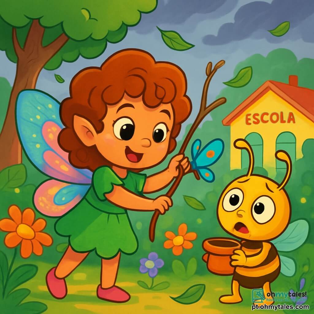 Luna, uma pequena fada com asas brilhantes e coloridas, cabelos cacheados e olhos cheios de curiosidade, está no centro da imagem, sorridente e determinada, libertando uma pequena borboleta presa em um galho. À sua direita, Filo, um inseto com antenas douradas e corpo listrado, observa com admiração, seus olhos redondos cheios de preocupação, mas também de esperança, segurando um pequeno pote de terra. Ao fundo, o jardim da escola está repleto de flores vibrantes, grandes árvores com folhas verdes e um céu nublado, criando uma atmosfera mágica e levemente tempestuosa. A cena mostra o momento em que Luna e seus amigos unem forças para proteger a natureza, com folhas rodopiando ao redor deles por causa do vento.