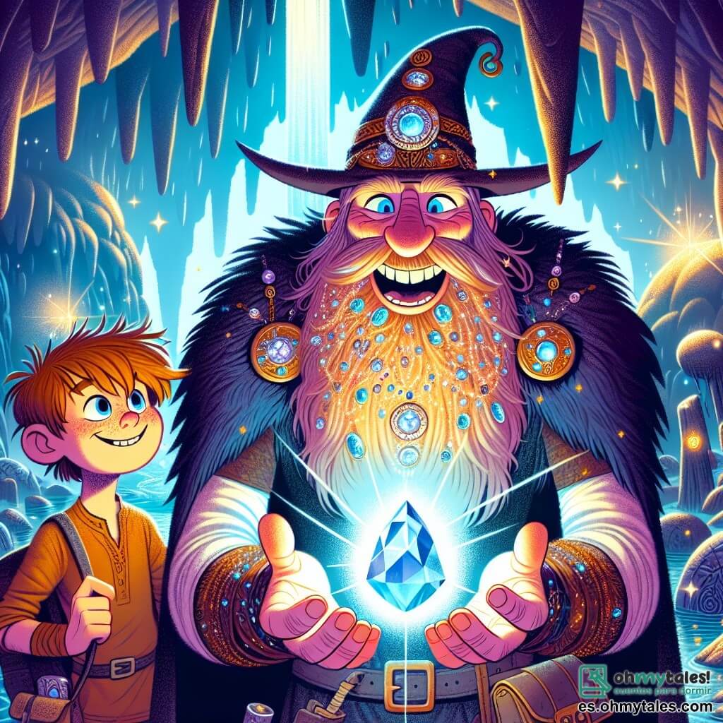 Oddmund, un hombre de barba larga y espesa, lleva un gran sombrero adornado con runas brillantes. Su rostro expresa una determinación alegre, con ojos chispeantes de curiosidad. Se encuentra frente a una cueva oscura, con los brazos extendidos, sosteniendo una gema brillante, el Ojo de Skadi, que emite un resplandor azulado. A su lado, Finn, un niño de unos 10 años, con el cabello desordenado y una sonrisa traviesa, mira a Oddmund con admiración. Lleva una túnica de cuero y sostiene un pequeño mapa enrollado, indicando el camino que han recorrido. En el fondo, la cueva del gigante Dormilón está llena de estalactitas brillantes y grandes piedras, mientras que rayos de luz filtran a través de la entrada, iluminando la escena. La situación principal muestra a Oddmund triunfante, habiendo recuperado el Ojo de Skadi, listo para enfrentar los desafíos que le esperan, mientras que roedores gigantes, curiosos, observan la escena desde un rincón de la cueva.