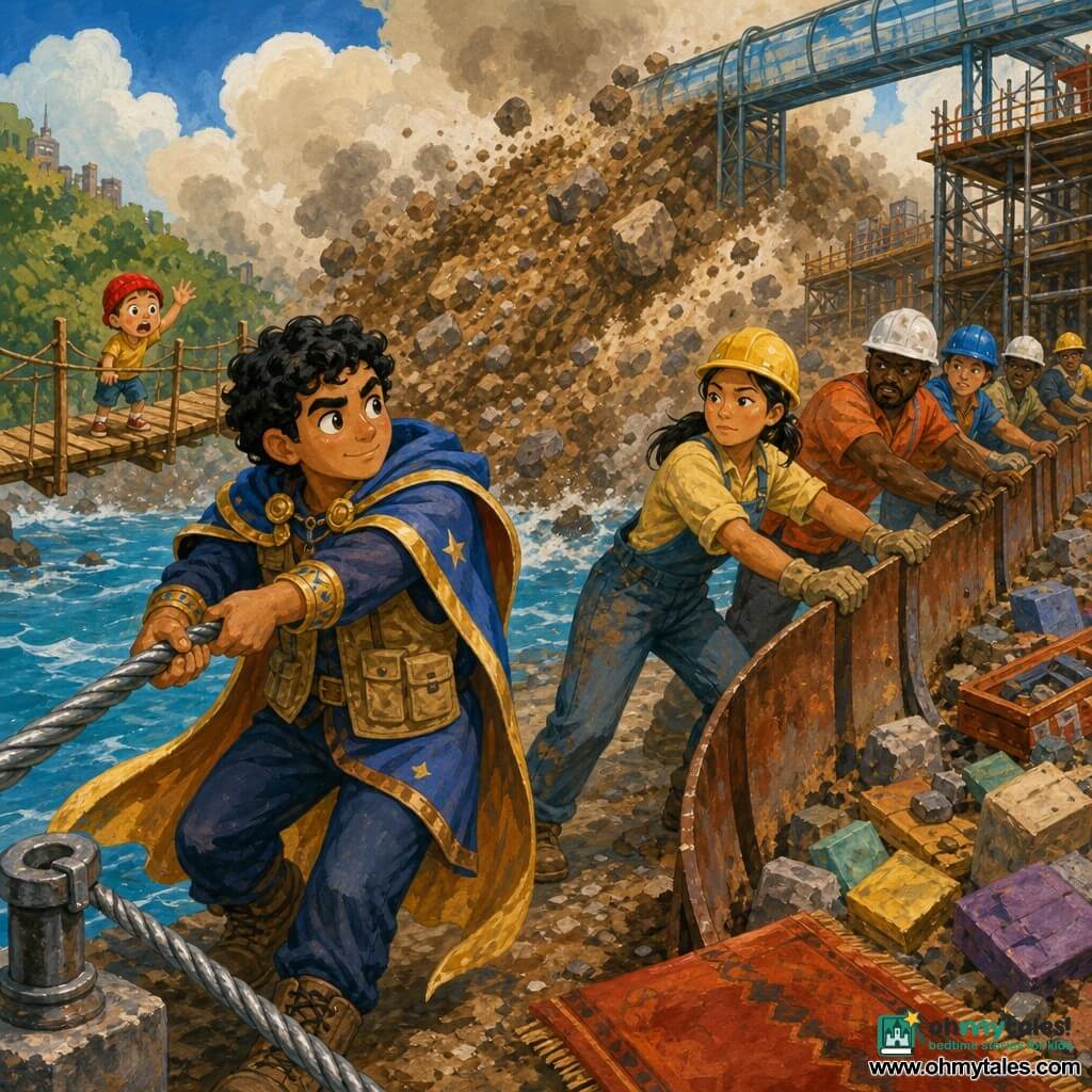 Orion, a determined man with curly black hair, bright eyes and a blue-and-gold cape, strains on a thick shiny cable toward the bridge while workers, including Mei (≈30) in a dusty yellow hard hat and coveralls, push curved rusty metal barriers to redirect a brown-and-gray debris avalanche toward a vacant lot by a wide blue river; a frightened six-year-old boy in a red hat stands on the narrow wooden bridge among other children, reaching toward Orion as dust swirls under a cloudy sky and an elevated glass-and-metal promenade towers above.