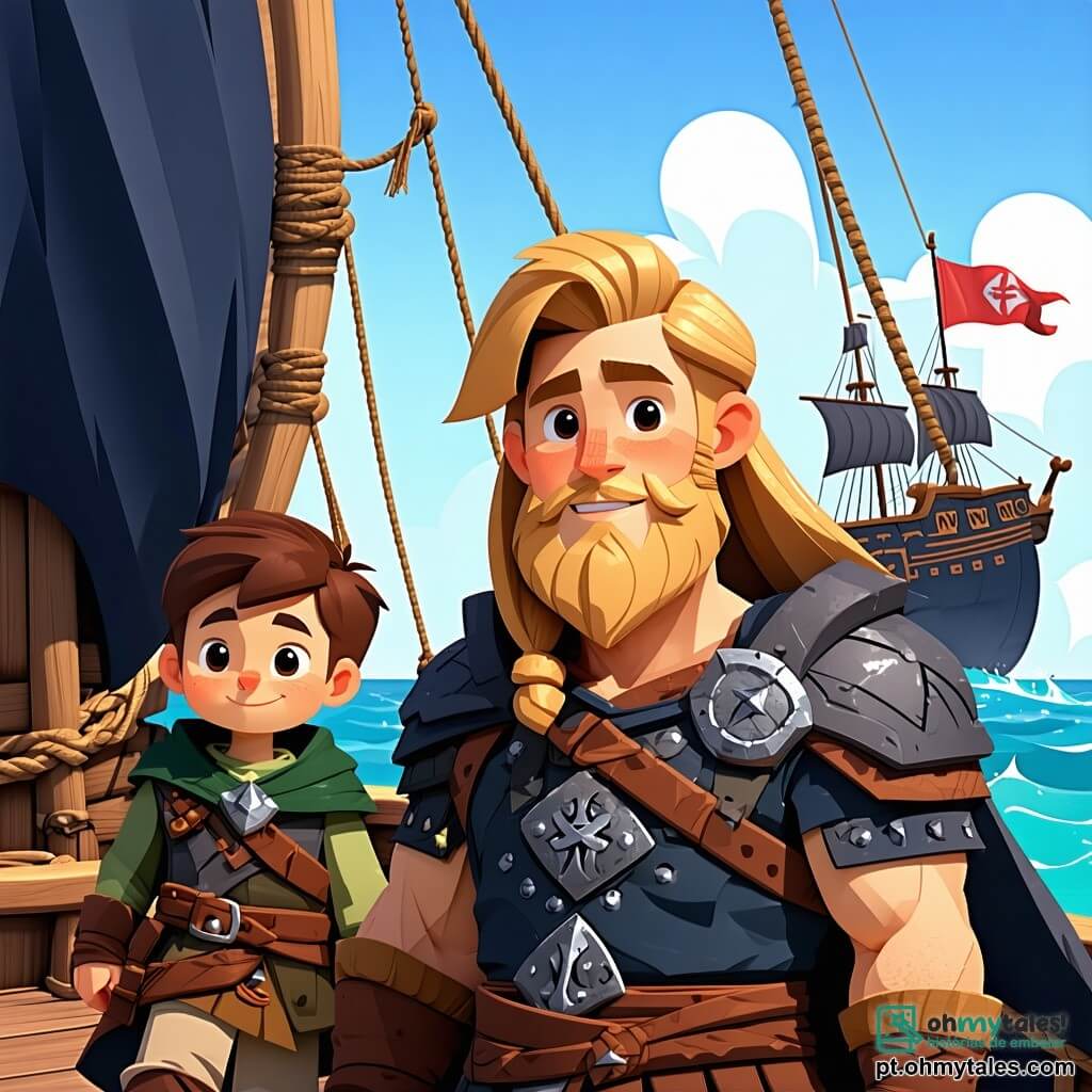 Um jovem viking chamado Eirik, com cerca de 16 anos, está orgulhoso e determinado no convés de seu drakkar. Ele tem cabelos loiros e longos, uma barba leve, e usa uma túnica de couro adornada com padrões nórdicos. Seu rosto expressa bravura e excitação, com olhos brilhantes de curiosidade. Ao seu lado, seu amigo Leif, um garoto de 15 anos com cabelos castanhos e curtos, observa o horizonte com um sorriso encorajador, pronto para ajudá-lo em sua aventura. O drakkar navega em águas tumultuosas, cercado por ondas altas e um céu cinzento tempestuoso, enquanto relâmpagos iluminam o horizonte. Ao fundo, montanhas cobertas de neve se erguem majestosas, adicionando um toque de mistério à cena. A situação principal mostra Eirik segurando firmemente o leme, desafiando os elementos com coragem, pronto para enfrentar os desafios que o aguardam, enquanto Leif o encoraja entusiasticamente.