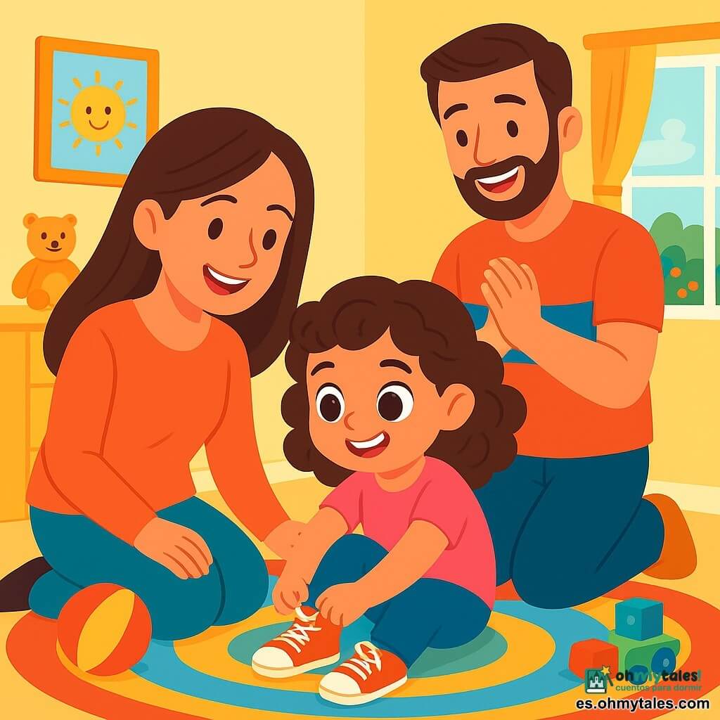 Una niña de 4 años, llamada Sofía, con grandes ojos brillantes y cabello rizado castaño, está sentada en una alfombra suave y colorida. Tiene una sonrisa radiante y una expresión de determinación, sosteniendo cordones de zapatos entre sus pequeñas manos. A su lado, su mamá, una mujer sonriente de unos 30 años con cabello largo y liso, la anima con una mirada cálida, sentada en la alfombra. Un papá, un hombre de unos 35 años con una barba ligera y una camiseta colorida, está detrás de ellos, aplaudiéndolos con orgullo. La escena ocurre en una habitación luminosa con paredes pintadas de amarillo pastel, juguetes esparcidos por el suelo y un jardín florecido visible a través de una ventana abierta. Los rayos del sol iluminan la habitación, creando una atmósfera alegre y acogedora. Sofía intenta atar sus cordones de zapatos, concentrada y entusiasta, mientras su mamá y su papá la animan con amor.