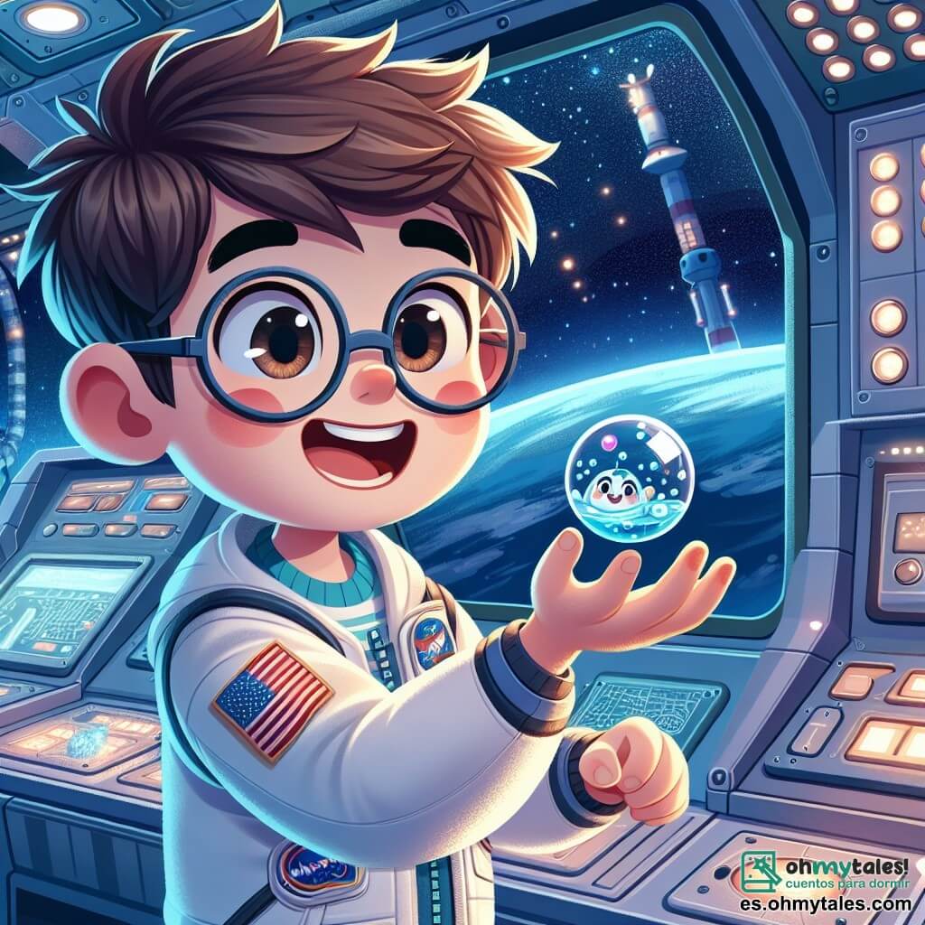 Lucas, un niño de 12 años con el cabello castaño desordenado y gafas redondas, flota alegremente en la Estación Espacial Internacional, con una gran sonrisa que ilumina su rostro asombrado. Lleva un traje de astronauta blanco y azul, con una bandera en el pecho, y sostiene una pequeña esfera de agua que flota a su alrededor. A su lado, Javier, un hombre de unos treinta años con cabello negro y barba bien cuidada, observa atentamente la experiencia de Lucas. También lleva un traje de astronauta y sonríe con orgullo, cerca de una ventana que ofrece una vista espectacular de la Tierra. La escena se desarrolla en el interior de la Estación Espacial Internacional, un laboratorio futurista lleno de paneles de control y luces parpadeantes. La situación principal muestra a Lucas y Javier realizando un fascinante experimento sobre cómo se comporta el agua en ingravidez, con burbujas de agua flotando a su alrededor, creando una atmósfera mágica y científica.