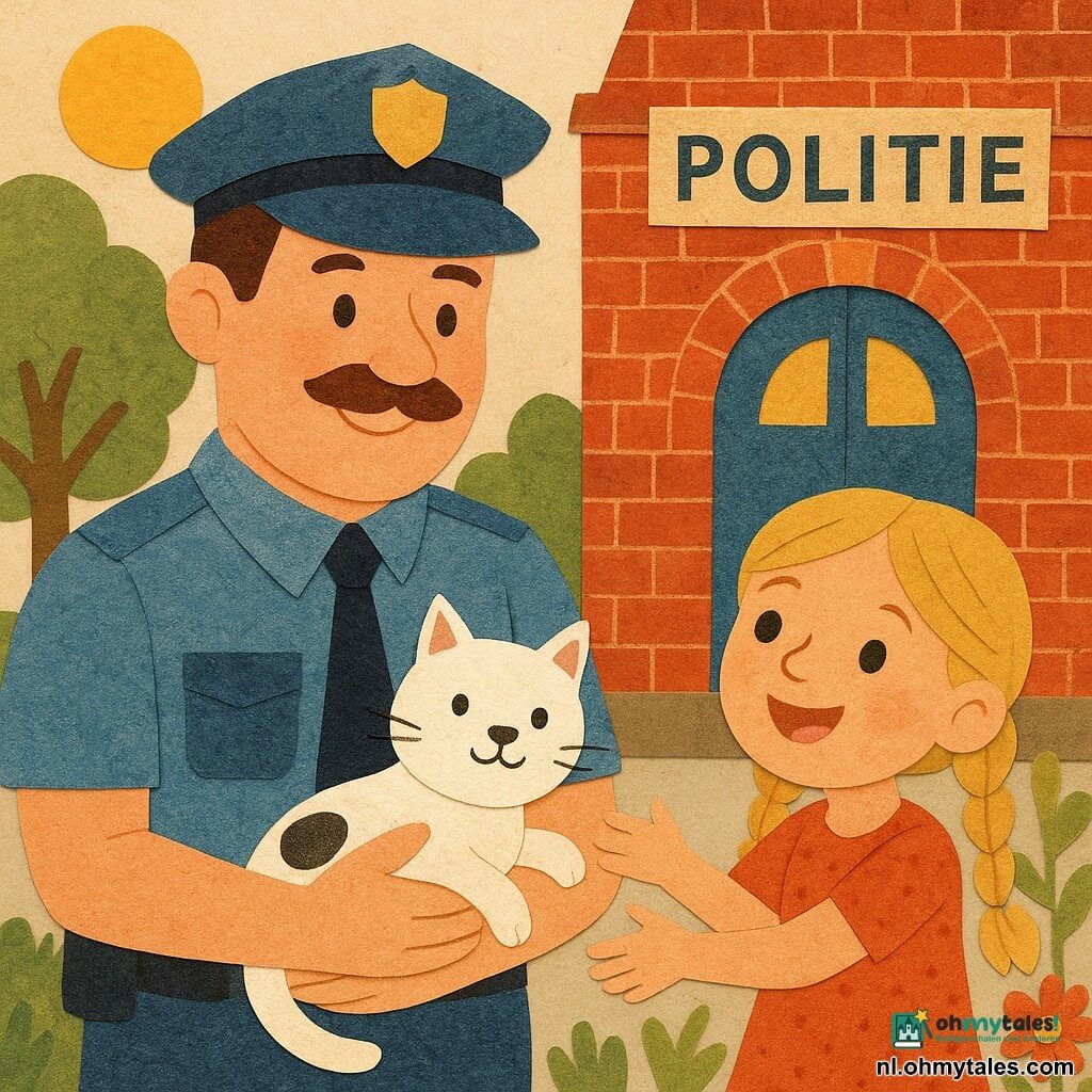 Een politieagent, een man van middelbare leeftijd met een glimlachende snor, draagt een blauw uniform en een pet. Hij houdt een kleine witte kat met een zwarte vlek op de neus in zijn armen en toont een vriendelijke blik. Een meisje van 8 jaar met blonde vlechten en sprankelende ogen staat naast hem, met uitgestrekte armen naar de kat en een blije uitdrukking. Ze staan voor een kleurrijk politiebureau met rode bakstenen muren en een grote blauwe deur. De scène speelt zich af op een zonnige dag, met groene bomen en kleurrijke bloemen rondom het gebouw.