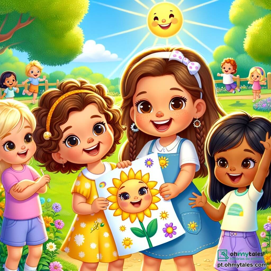 Em um parque ensolarado, quatro meninas de cinco anos estão juntas, radiantes de alegria. **Lola** é uma menina de cabelos castanhos e cacheados, vestindo um vestido amarelo com estampas de sóis. Ela sorri amplamente, segurando uma folha de desenho nas mãos, mostrando orgulhosamente sua obra. **Ana**, com seus cabelos loiros trançados e uma blusa rosa, está ao lado de Lola, incentivando-a com um grande sorriso. **Bia**, com cabelos castanhos e lisos, usa uma camiseta azul e shorts. Ela pula de alegria, com os braços levantados, cheia de energia e entusiasmo. **Clara**, uma nova amiga de cabelos negros e lisos, vestida com um vestido verde, olha admirada o desenho de Lola, com um sorriso tímido no rosto. O parque está repleto de flores coloridas, árvores verdejantes e um céu azul brilhante. Ao longe, crianças brincam e riem, criando uma atmosfera alegre e acolhedora. A cena principal mostra Lola, cercada de suas amigas, ganhando confiança enquanto apresenta seu desenho, um grande sol sorridente, a Clara, que se sente feliz por fazer parte desse grupo amigável.