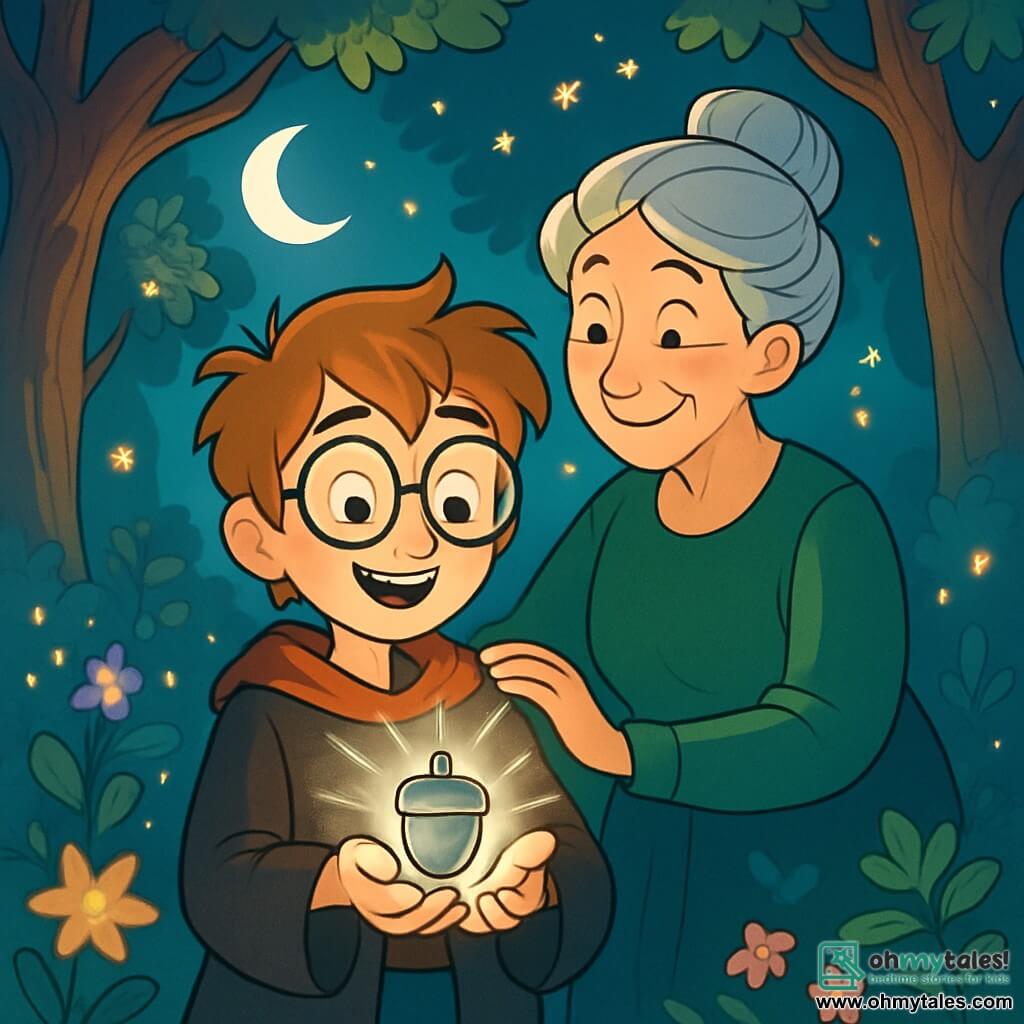 In the center of the image, a 10-year-old boy, Bramley Thistlewick, is an apprentice wizard with messy caramel-colored hair and large round glasses. He has a determined yet amazed look, holding a small silver acorn that glows softly in his hands. Next to him, an older woman, Mistress Hazelwort, with gray hair styled in a bun and wearing a green velvet dress, smiles proudly while giving him a gentle pat on the shoulder, standing slightly back. The setting is an enchanted clearing in the Whispering Woods, surrounded by tall, gnarled trees, their leaves shimmering under a soft moonbeam. Glowing flowers and fireflies dance around them, adding a touch of magic to the atmosphere. The scene captures the moment when Bramley, heart racing with excitement, discovers the Silver Acorn, a symbol of his bravery and desire to help his village.