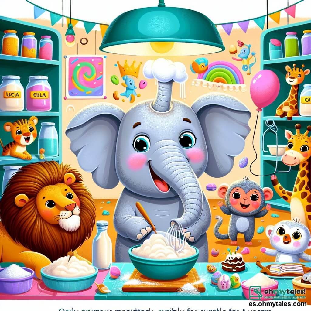 Un elefante llamado Ernesto, con piel gris y grandes orejas rosas, muestra una sonrisa traviesa y ojos brillantes de emoción. Se encuentra en el centro de la cocina del zoológico, rodeado de harina y crema, mezclando una masa para pastel con su trompa. A su lado, un león llamado Lucas, con una melena dorada brillante, observa atentamente la cocción de los pasteles, con una expresión concentrada en su rostro. Una jirafa llamada Julia, con su largo cuello manchado y grandes ojos curiosos, se inclina para verificar el horno, mientras que un pequeño mono llamado Max, con pelaje marrón y ojos traviesos, se divierte haciendo malabares con huevos. La cocina está llena de colores vivos, con estanterías repletas de frascos de ingredientes, utensilios brillantes y decoraciones festivas. La escena principal muestra a los animales en plena preparación de una gran fiesta sorpresa, riendo y divirtiéndose mientras crean deliciosos pasteles.