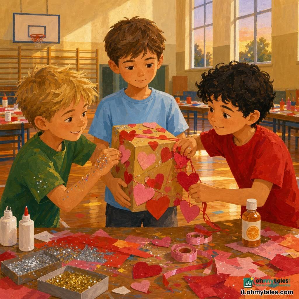 Ci sono tre bambini: Luca, 10 anni, capelli castani corti, maglietta azzurro chiaro e pantaloni grigi, volto serio e dolce, al centro che tiene delicatamente un pacco regalo decorato con cuori rossi e rosa; a sinistra Tommaso, 9 anni, capelli biondi spettinati, maglietta verde, mani e manica con brillantini, sorriso malizioso, mentre incolla un piccolo cuore di carta sulla scatola; a destra Enrico, 9 anni, capelli neri ricci, maglietta rossa vivace, occhi vivaci, con una ghirlanda di cuori che sistema attorno al pacco e un flacone d’olio d’arancia accanto. La scena è in una grande palestra scolastica dalle pareti beige, tavoli lunghi coperti di carta colorata strappata, barattoli di colla bianca, scatole di brillantini argento e oro aperte e rotoli di nastro rosa e rosso sparsi; sul fondo finestre alte lasciano entrare una luce serale e il parquet lucido mostra tracce di vernice e qualche cuore ritagliato. I tre assemblano con cura un pacco speciale per un compagno assente; l’atmosfera è calda e concentrata, colori caldi (rosso, rosa, arancione), tocchi di brillantini scintillanti, gesti premurosi e sguardi benevoli, composizione centrata sul pacco tenuto da Luca con mani e volti ravvicinati e dettaglio sulle texture della gouache, il grano della carta e lo scintillio dei brillantini.