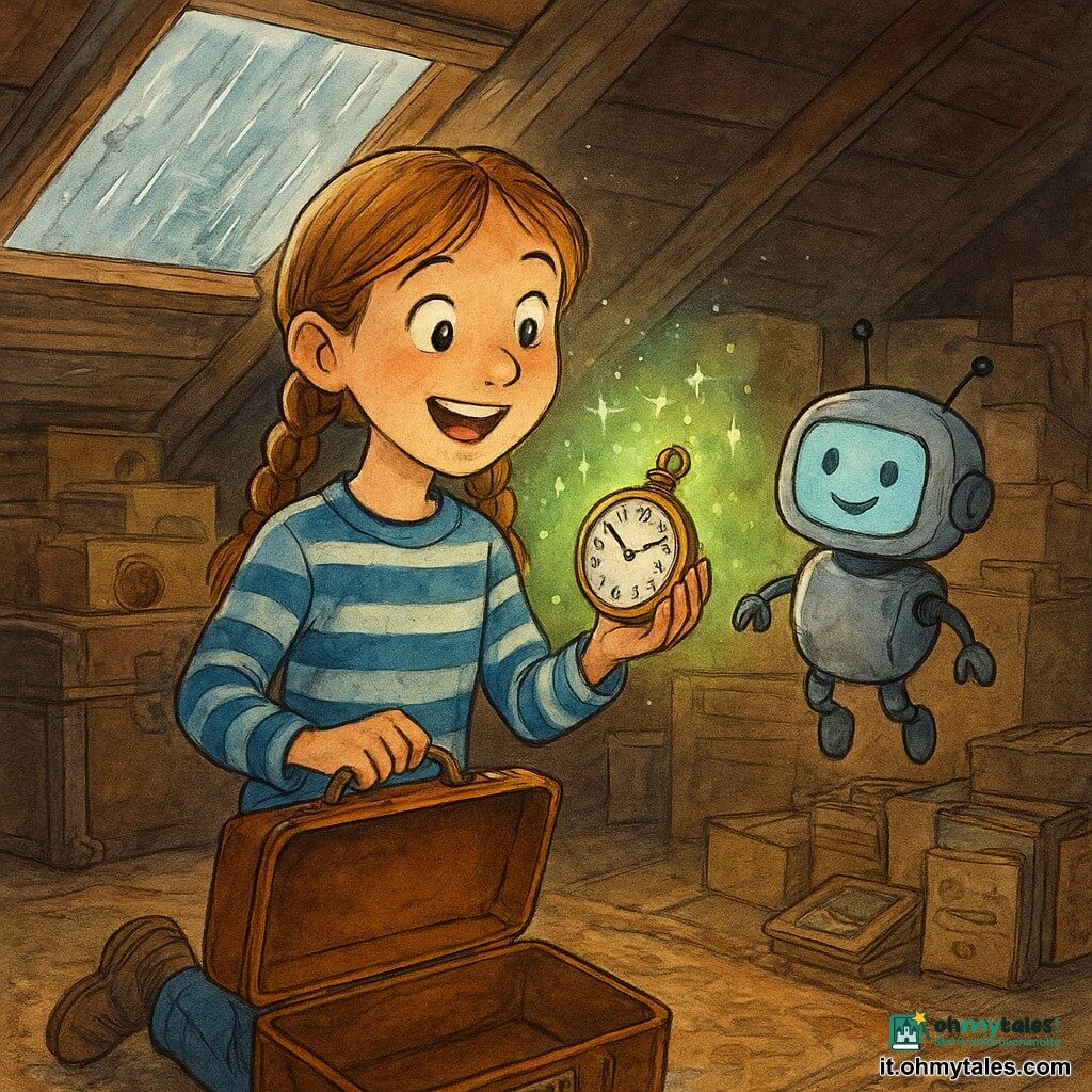 Una bambina di 10 anni, occhi luminosi e sorriso stupito, capelli castano chiaro in due trecce, con un maglione a righe blu e jeans, tiene una piccola valigia di cuoio aperta e guarda un vecchio orologio da tasca che scintilla; un piccolo robot-giocattolo chiamato Oto, grande quanto un filone, corpo in metallo grigio morbido con antenne e volto sorridente su uno schermo, esce dalla valigia e fluttua accanto a lei; sullo sfondo un vecchio baule di legno e scatole accatastate da cui spuntano bottoni, carte antiche e libri impolverati; la scena si svolge in una soffitta illuminata da una finestra-lucernario bagnata dalla pioggia, con raggi ovattati e polvere in sospensione su un tappeto consumato; momento magico: l'orologio a tre lancette emette stelle verdi e puntini luminosi che promettono un viaggio nel tempo, la bambina è meravigliata e tende la mano mentre il robot la guida.