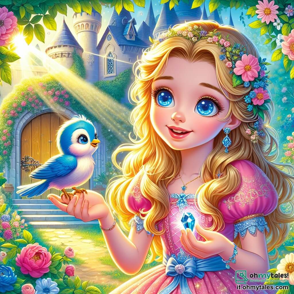 La principessa Sofia, una ragazza di circa 10 anni, ha capelli dorati che brillano come il sole e occhi blu pieni di curiosità. Indossa un vestito rosa adornato di fiori delicati e sorride meravigliata, tenendo in mano un cristallo blu scintillante. Accanto a lei, un piccolo uccello blu, con piume brillanti e occhi dolci, sembra parlarle, con le ali leggermente spiegate, come se fosse pronto a volare. Sullo sfondo, un maestoso giardino del castello si estende, pieno di fiori colorati, alberi verdi e una piccola porta di legno nascosta dietro le rose. La luce del sole filtra tra le foglie, creando un'atmosfera magica. Sofia scopre il giardino segreto e ascolta attentamente l'uccello che le confida il suo dolore per aver perso la nidiata. L'espressione di Sofia è piena di compassione e determinazione, pronta a usare il suo nuovo potere magico per aiutare il suo amico.