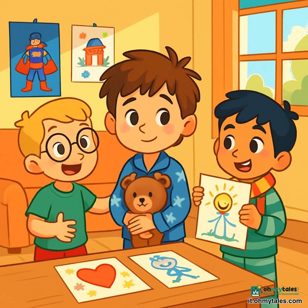 Ci sono 3 personaggi: - Nico: un ragazzo di 6 anni, con capelli castani disordinati e occhi scintillanti. Indossa un pigiama blu con stelle bianche e tiene un orsacchiotto tra le braccia. - Lapo: un ragazzo di 6 anni, con capelli biondi e occhiali tondi. Indossa una maglietta verde e un pantaloncino rosso. Sorride ampiamente e fa un gesto amichevole verso Nico. - Amir: un ragazzo di 6 anni, con capelli neri e occhi vivaci. Indossa una sciarpa colorata e un pigiama a righe. Tiene un disegno in mano, pronto a mostrarlo a Nico. I tre bambini si trovano nel soggiorno di Nico, decorato con poster colorati di supereroi e disegni infantili appesi al muro. Una luce soffusa filtra dalla finestra, illuminando la stanza e creando un'atmosfera accogliente. La scena principale mostra Nico, un po' stanco ma sorridente, circondato dai suoi amici Lapo e Amir. Stanno discutendo allegramente del loro "Piano della Sera Calma-Calma", con disegni e parole di incoraggiamento sparsi sul tavolo davanti a loro. I bambini si scambiano risate e gesti amichevoli, creando un'atmosfera di sostegno e amicizia.