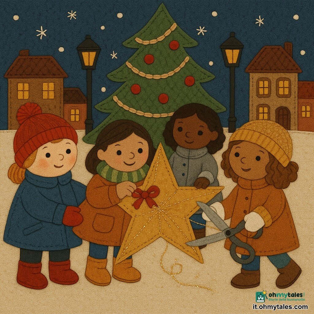 Ci sono quattro bambine di 3 anni: Emma, paffuta con guance rosa, berretto rosso con pon pon e cappotto blu, a sinistra che tiene l'estremità destra della grande stella dorata di carta; Sofia, sorridente con sciarpa verde a righe e stivaletti gialli, al centro avanti che applica un piccolo fiocco rosso sulla stella; Giulia, coi capelli ricci e berretto dorato scintillante e guanti bianchi, a destra che taglia un filo d'oro con grandi forbici di feltro; Marta, dagli occhi vivaci, con cappotto argento e pantofole rosse, dietro le altre che tiene la metà sinistra della stella e guarda la folla. Ambientazione: piazza del villaggio innevata di notte, grande albero decorato, case con finestre illuminate e lampioni in metallo brunito, terreno come feltro color neve e casette patchwork tutt'intorno. Situazione: le quattro bambine insieme posano la stella dorata in cima all'albero, ciascuna con una mano sulla stella; fili d'oro e paillettes cucite scintillano; atmosfera calda e gioiosa, sagome in applicato con cuciture visibili, bottoni per occhi e pezzi di tessuto lucido per i riflessi.