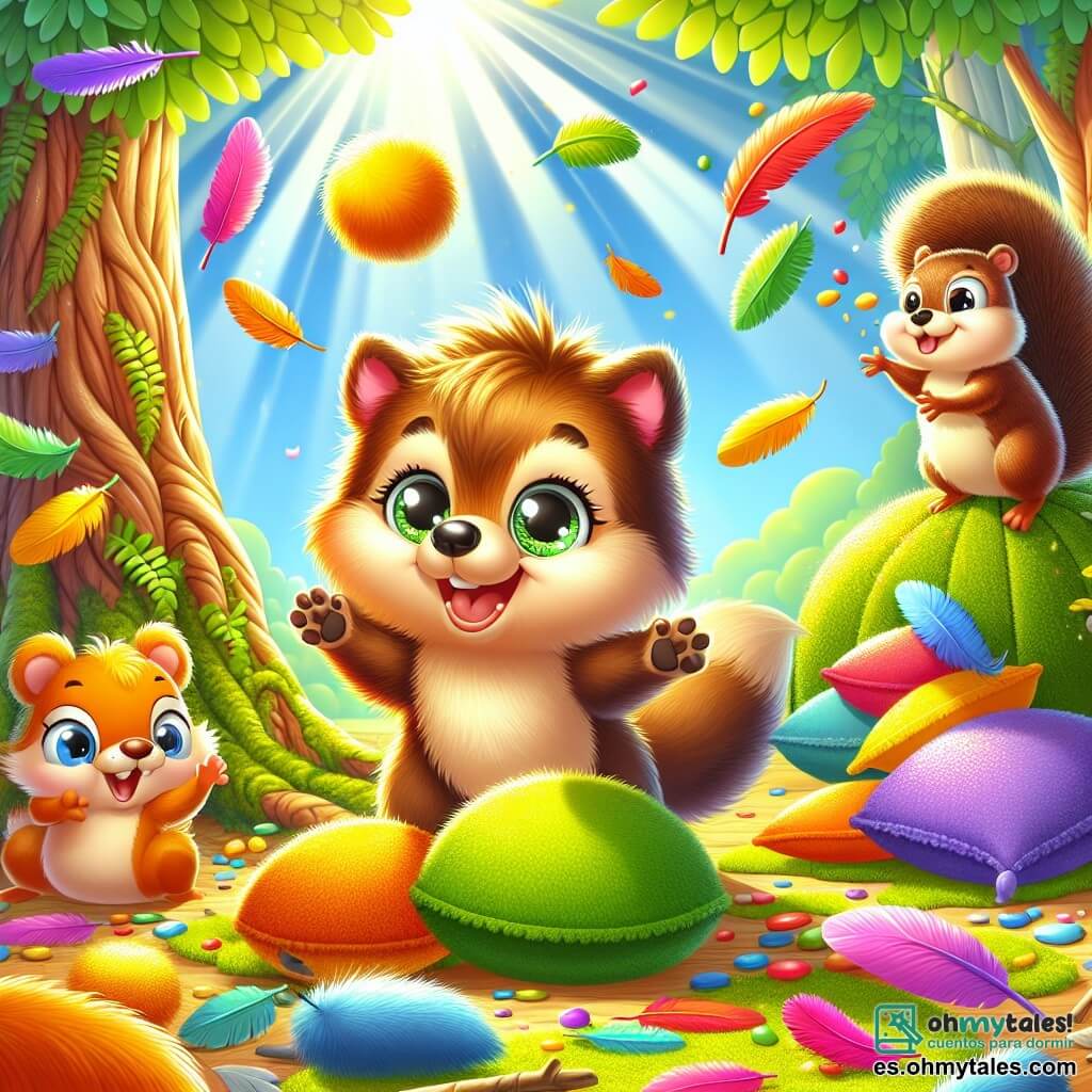 Un pequeño lobo de pelaje suave y sedoso, con ojos brillantes de curiosidad, está en el centro de la escena, sonriendo con entusiasmo. Está rodeado de cojines de musgo, plumas de colores y hojas de helecho, saltando alegremente para atrapar una nube de algodón que flota sobre él. A su derecha, un castor de pelaje marrón y brillante, con un aire divertido, sopla sobre una hoja de helecho, tratando de hacerla volar. A su izquierda, una pequeña ardilla con una cola esponjosa y ojos traviesos ríe mientras lanza una pluma al aire. El decorado es un claro del bosque soleado, con árboles de troncos torcidos y hojas verdes brillantes, mientras los rayos de luz atraviesan el follaje, iluminando la escena. La situación principal muestra al pequeño lobo y sus amigos en plena acción, intentando construir una torre de cosas suaves que se derrumba alegremente, creando una lluvia de colores y risas a su alrededor.