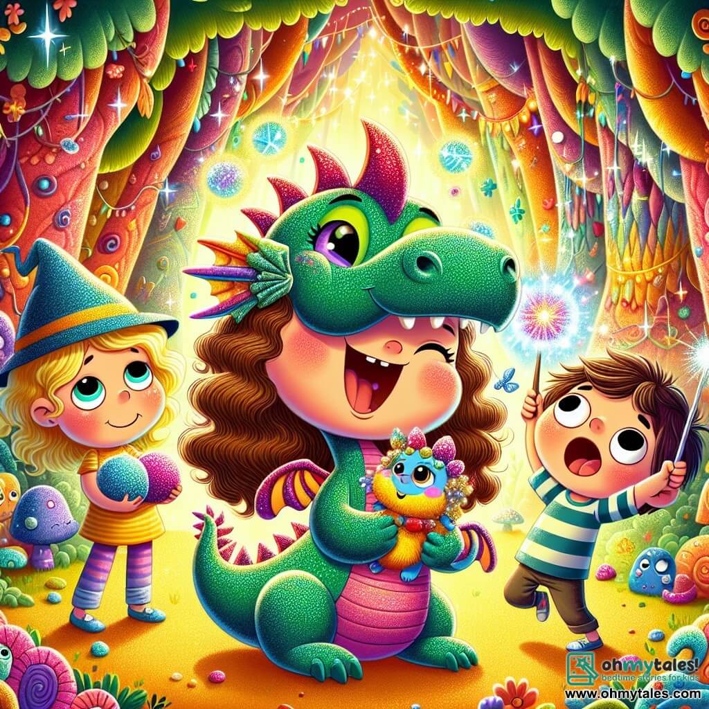 An 8-year-old girl, Lila, with long curly hair and a bright smile, stands at the center of the scene holding her plush dragon, Mr. Snuffles, who has shiny scales and sparkling eyes. She is full of joy and enthusiasm, ready to dance. To her right, Benny, a 9-year-old boy with messy hair and a striped t-shirt, awkwardly juggles blueberries, his eyes wide with concentration. To her left, Tilly, an 8-year-old girl with short colorful hair, tries to cast a spell with a wand that sparkles, looking a bit confused, which makes her even funnier. The setting is an enchanted forest filled with multicolored tree trunks and giant laughing flowers. Round, joyful goblins with oversized hats dance around them, while a starry sky shines above, illuminating the scene with a soft, magical light. The main situation shows Lila and her friends joyfully dancing with the Giggle Goblins, all laughing together in a festive atmosphere, celebrating friendship and the magic of joy.