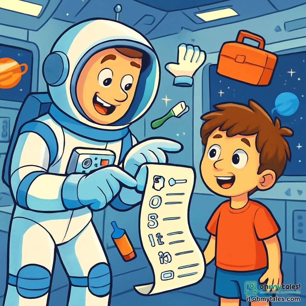 Un astronauta, Luca, sorridente ed entusiasta, indossa una tuta spaziale bianca brillante con tocchi di blu. Il casco è leggermente inclinato, rivelando un volto amichevole con occhi scintillanti di curiosità. Sta mostrando una lista di oggetti a un giovane ragazzo di otto anni, Pietro, che ha capelli castani disordinati e occhi spalancati d'incanto. Pietro, vestito con una maglietta rossa e pantaloni corti blu, guarda con fascino la lista, in piedi accanto a Luca. La scena si svolge in un'astronave futuristica, con pareti in metallo argentato e schermi luminosi che mostrano immagini di pianeti e stelle. Attrezzature fluttuano intorno a loro, creando un'atmosfera di scoperta e avventura. Luca spiega a Pietro come prepararsi per una missione spaziale, con oggetti fluttuanti intorno a loro, mentre stelle scintillanti si vedono attraverso una grande finestra dell'astronave.
