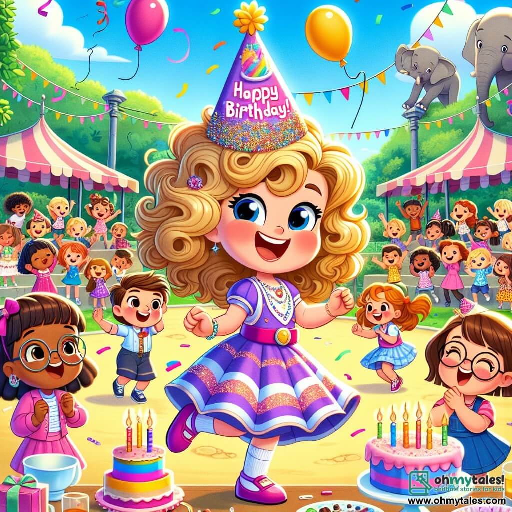 Lily, a six-year-old girl with curly blonde hair, is wearing a colorful party dress and a sparkling birthday hat. She joyfully dances at the center of the image, surrounded by her friends. To her right, Mia, another six-year-old girl with brown pigtails and round glasses, smiles while holding a piece of cake. Behind them, a group of children of various ages and genders, all dressed in colorful clothes, applaud and sing "Happy Birthday." The setting is an outdoor zoo, with animal enclosures visible in the background, such as elephants and giraffes. Colorful balloons float in the air, and a large party table is adorned with cakes, candies, and streamers. The main scene shows Lily and Mia dancing together, surrounded by their friends, joyfully celebrating Lily's birthday under a sunny blue sky, filled with laughter and radiant smiles.