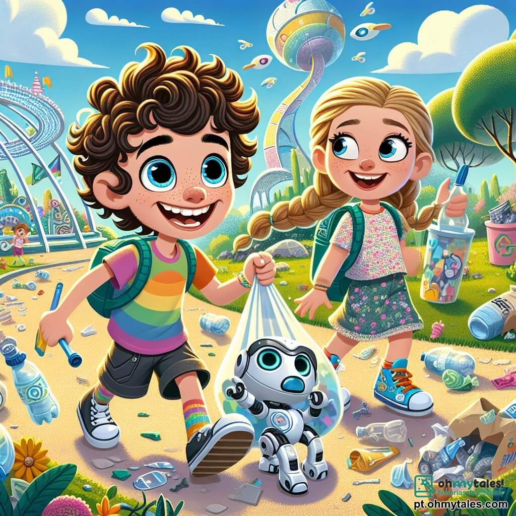 Um menino de 10 anos, Léo, com cabelos cacheados e um grande sorriso, está no centro da imagem, com os olhos brilhando de excitação. Ele usa uma camiseta colorida e um short, segurando uma bolsa cheia de resíduos recicláveis que acabou de coletar. Ao seu lado, Robi, seu pequeno robô-cão, tem olhos brilhantes e uma aparência amigável, cheirando uma garrafa plástica no chão. Um pouco mais adiante, Mia, uma menina de 9 anos com cabelos longos e trançados, sorri segurando uma bolsa semelhante, pronta para mostrar a Léo o que encontrou. Ela veste um vestido com estampas florais e tênis coloridos. A cena acontece no parque futurista de Lumiville, repleto de jardins exuberantes, esculturas de metal brilhante e robôs dançando ao redor, sob um céu azul com nuvens brancas. Léo e seus amigos participam de uma competição de reciclagem, coletando lixo para deixar sua cidade mais limpa e bonita, enquanto se divertem e aprendem sobre a importância da sustentabilidade.