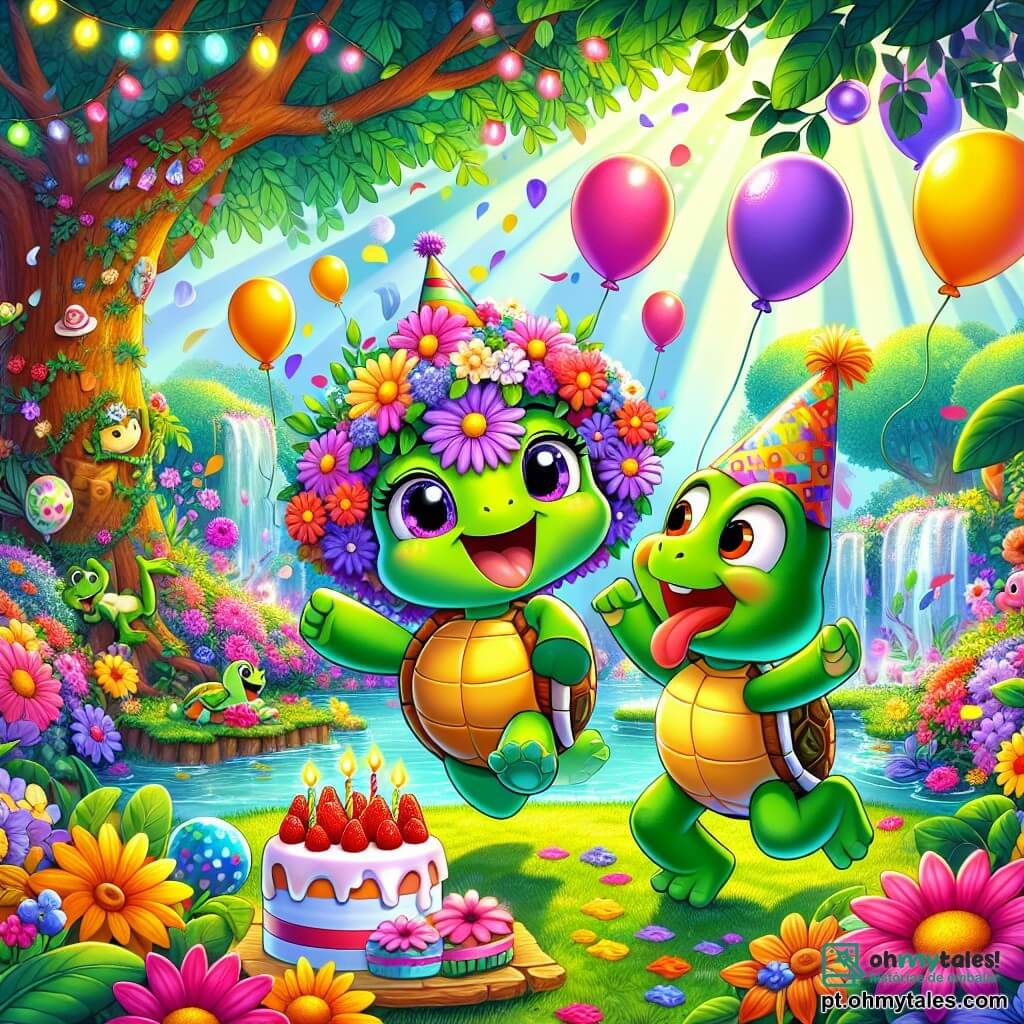 Aninha, uma adorável tartaruga com um casco brilhante e olhos cheios de alegria, dança entusiasticamente em um jardim encantado, cercada por flores vibrantes e folhas verdes. Ela usa um pequeno chapéu de festa feito de pétalas e um grande sorriso, expressando imensa felicidade. Sapolino, o sapinho malabarista, está ao seu lado, pulando com um ar travesso, sua língua longa pronta para pegar um balão. Ele usa um pequeno chapéu de palha e tem olhos redondos cheios de malícia. O jardim está repleto de cores vivas: flores multicoloridas, balões flutuantes e guirlandas de folhas. Ao fundo, uma árvore majestosa oferece sombra, e raios de sol atravessam os galhos, criando uma atmosfera mágica. A cena principal mostra Aninha e Sapolino celebrando o aniversário de Aninha, cercados por amigos, com um grande bolo de morango na mesa, risadas e bolhas de sabão flutuando ao redor, capturando o espírito alegre e festivo deste dia especial.