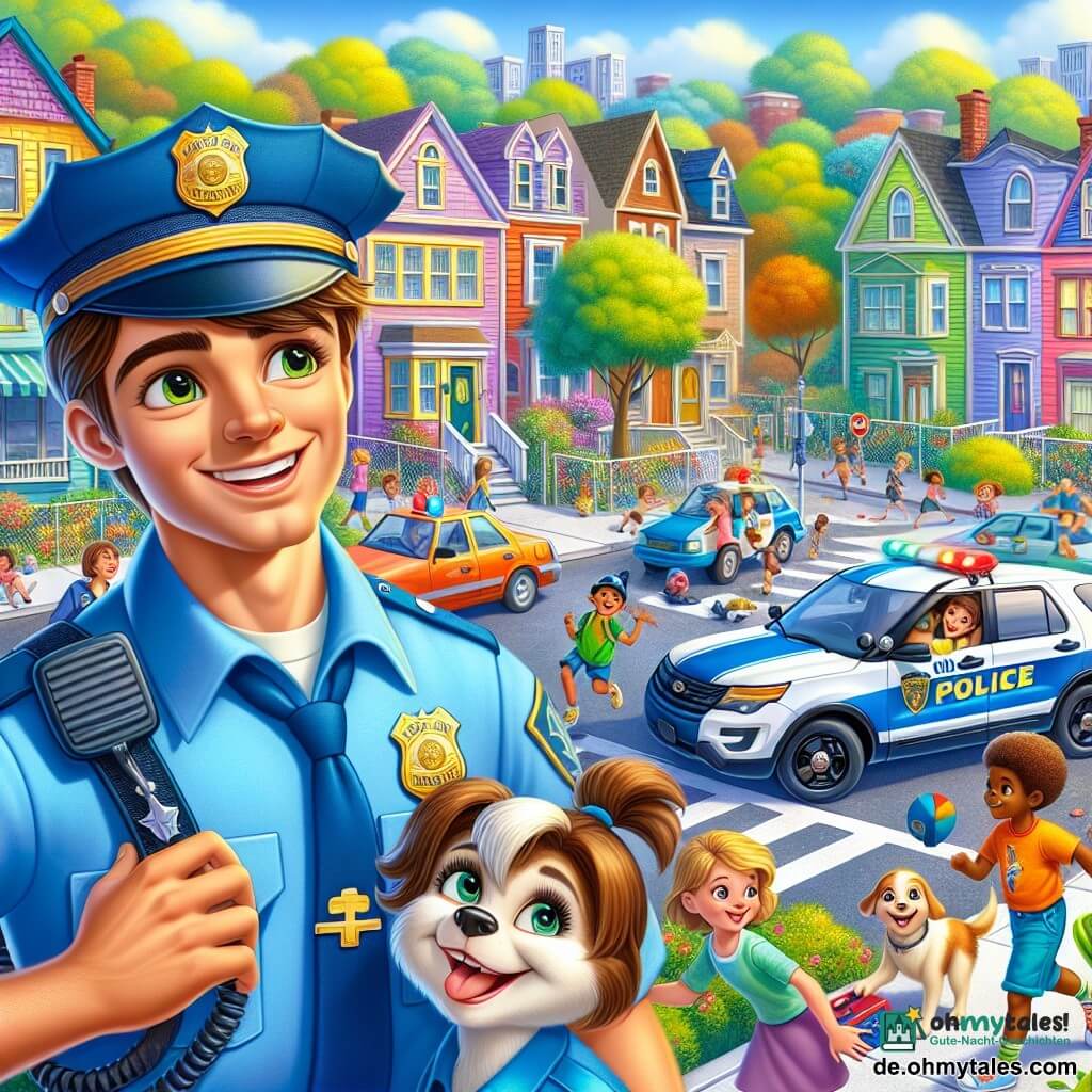 Ein lächelnder und selbstbewusster Polizist namens Paul trägt eine leuchtend blaue Uniform mit einer glänzenden Kappe. Er hat braune Haare und strahlende Augen. Paul steht neben seiner Kollegin, hält ein Erste-Hilfe-Set und ist bereit, den Menschen zu helfen. Neben ihm schaut Anna, eine etwa 30-jährige Polizistin mit zu einem Dutt gebundenen blonden Haaren, konzentriert auf einen Stadtplan. Auch sie trägt eine blaue Uniform, und ihr Abzeichen glänzt in der Sonne. Die Szene spielt in einer belebten Straße der Stadt mit bunten Häusern, grünen Bäumen und spielenden Kindern auf dem Bürgersteig. Autos fahren vorbei, und ein kleiner Hund bellt fröhlich. Paul und Anna diskutieren über ihren Tag, umgeben von Kinderlachen und dem Trubel der Stadt, bereit, eine Mission zu starten, um denen zu helfen, die in Not sind.