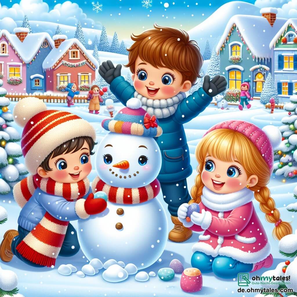 Drei fröhliche Kinder stehen in einer zauberhaften Winterlandschaft. Max, ein vierjähriger Junge mit zerzausten braunen Haaren, trägt einen blauen Overall und einen roten Schal. Er baut begeistert einen Schneemann und hebt die Arme. Neben ihm steht Mia, ein vierjähriges Mädchen mit langen, geflochtenen blonden Haaren, in einer niedlichen rosa Jacke und einer kleinen roten Mütze. Sie lächelt und hält eine Karotte für die Nase des Schneemanns. Leo, ein vierjähriger Junge mit braunen Haaren und runden Brillen, hockt und sammelt Steine für die Augen des Schneemanns, bekleidet mit einem blauen Mantel und einem gestreiften Schal. Die Umgebung ist ein wunderschönes Winterdorf mit bunten, schneebedeckten Häusern, majestätischen Bäumen und einem klaren blauen Himmel mit flauschigen Wolken. Die Kinder sind aktiv und bauen gemeinsam einen großen Schneemann, umgeben von Lachen und Freude, während sanfte Schneeflocken um sie herum fallen und eine magische, festliche Atmosphäre schaffen.