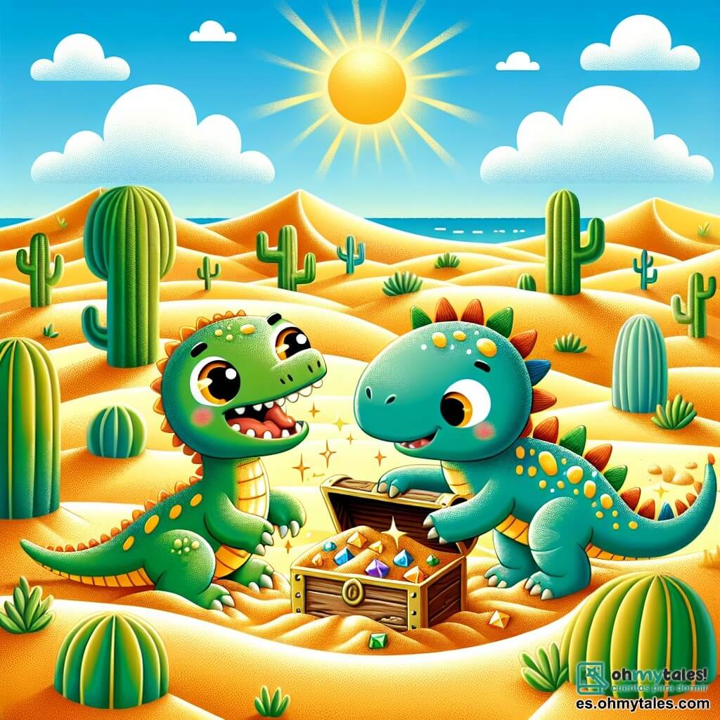 Un pequeño velociraptor llamado Rapi, con un pelaje verde brillante y ojos ámbar llenos de curiosidad, está cavando en la arena caliente del desierto con entusiasmo, su cola moviéndose de emoción. A su lado, un gran estegosaurio llamado Tego, con placas coloridas en la espalda y una expresión suave, utiliza su cola para ayudar a desenterrar un tesoro escondido, inclinándose ligeramente hacia Rapi. El escenario es un vasto desierto dorado, salpicado de cactus verdes y dunas de arena ondulantes bajo un cielo azul brillante, donde el sol brilla intensamente. La escena principal muestra a Rapi y Tego descubriendo un viejo cofre lleno de piedras preciosas brillantes, con sus rostros iluminados por la alegría y el asombro de su hallazgo.