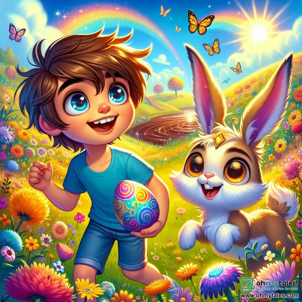A 12-year-old boy, Oliver, with tousled brown hair and sparkling curious eyes, stands in the center of a beautiful sunny meadow, holding a colorful egg with swirling patterns. His face expresses radiant joy, and he wears a blue t-shirt and denim shorts. Next to him, Binky, a magical Bunnycorn with large ears and soft fur, sporting a golden glimmer on its forehead, happily hops, its eyes shining with excitement. The setting is an enchanted meadow filled with dancing flowers in vibrant colors, fluttering butterflies, and a bright blue sky, creating a fairy-tale atmosphere. In the distance, a chocolate stream sparkles in the sun, adding a touch of magic to the scene. The main situation shows Oliver and Binky on an adventure, ready to solve a riddle to discover hidden treasure, surrounded by the colorful beauty of nature and the excitement of an Easter egg hunt.