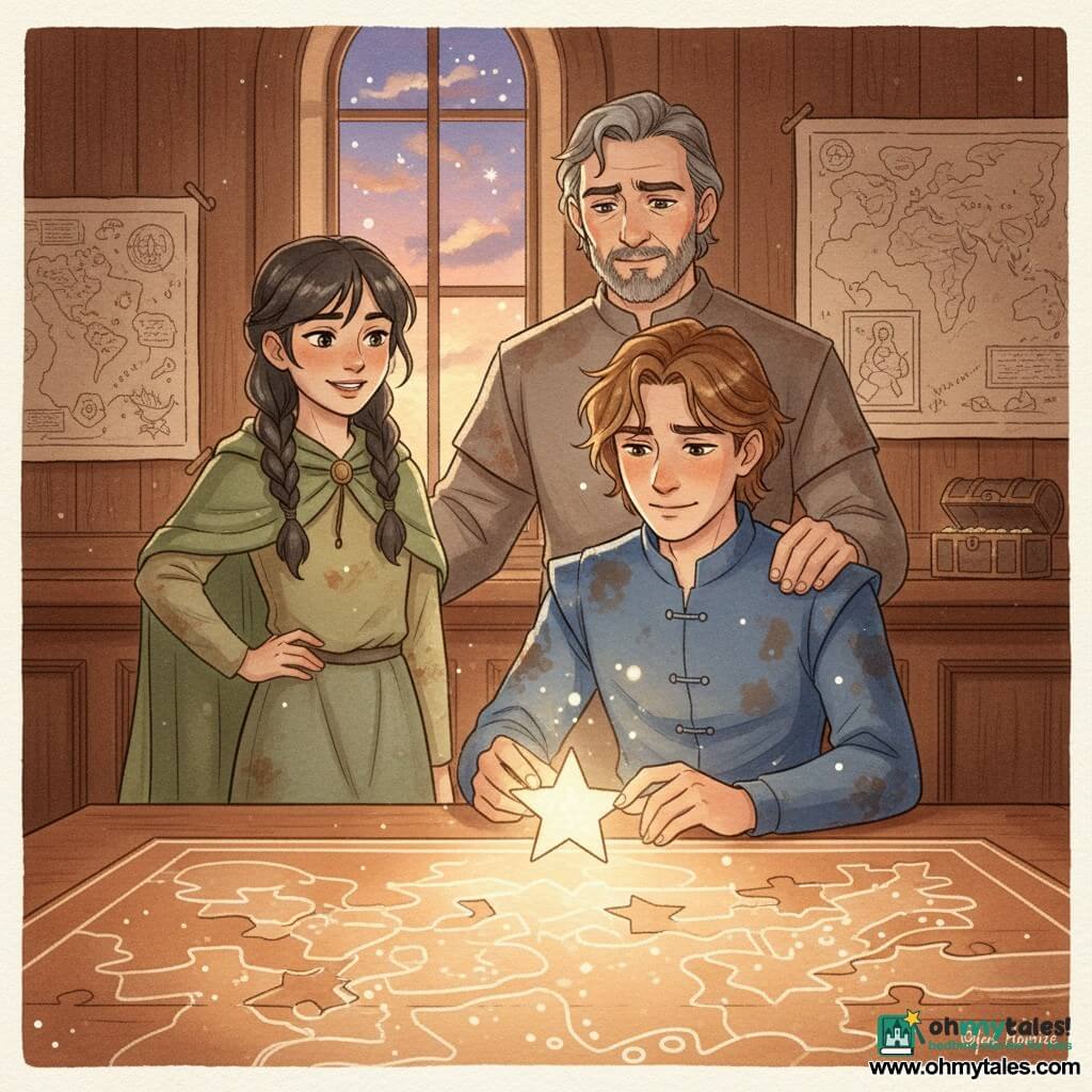 A young prince (about 16), with slightly wavy chestnut hair and a determined yet gentle expression, kneels at a polished dark wooden desk to place the final piece of a glowing star-shaped puzzle; Mira (about 14), with braided black hair, a mischievous smile and bright eyes, stands to his left in a simple moss-green cloak, hand on hip watching proudly; King Alderic (about 50), serious but softened with a short graying beard, stands behind them with a hand lightly on the prince’s shoulder, all witnessing the puzzle’s soft light trace a luminous map across the wood in a warm room of ochres, deep blues and pale golds, with old maps on the wall, a high window letting in twilight and a small open chest on the mantel, faces showing relief, pride and tenderness.