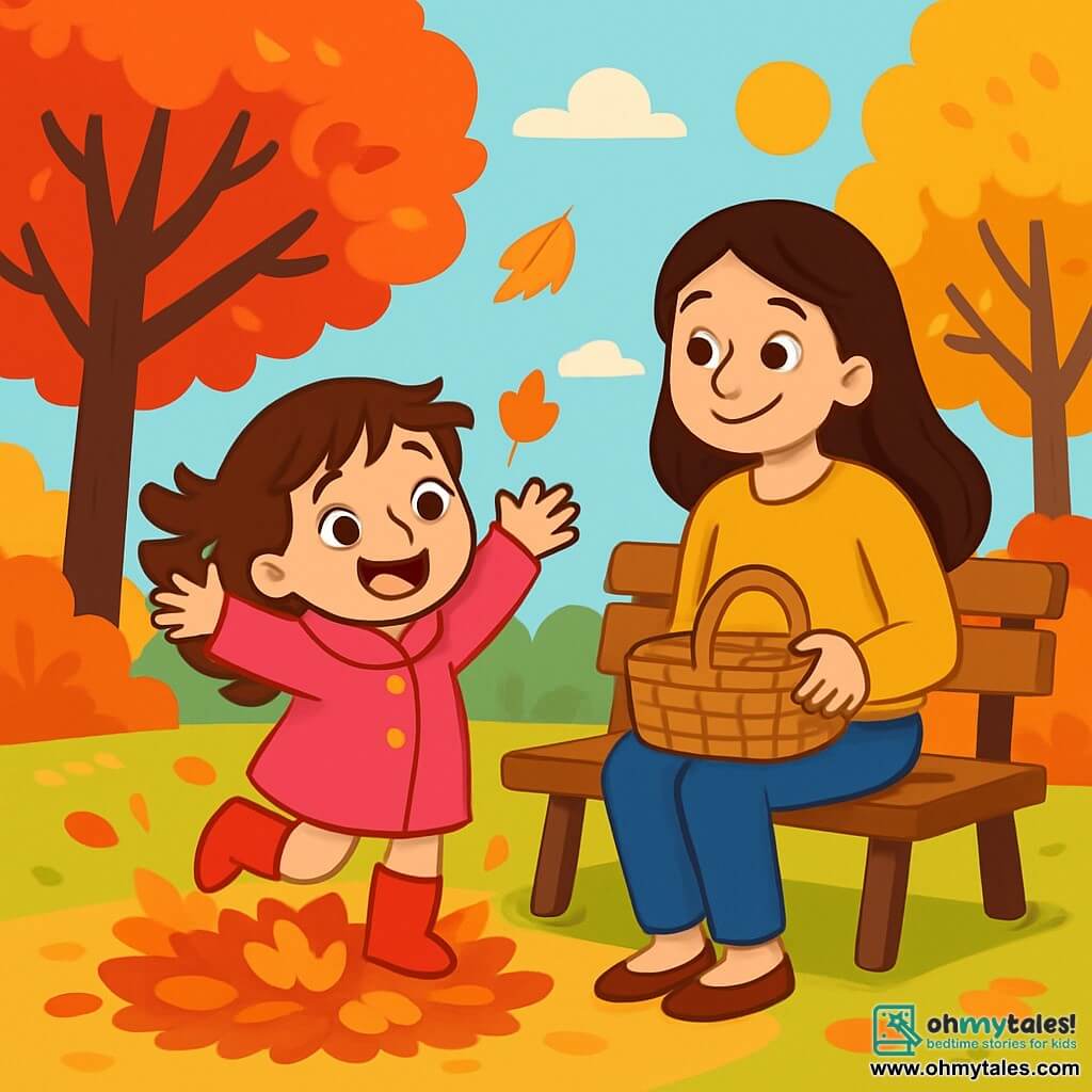 A 4-year-old girl with big bright eyes and a joyful smile is wearing a bright pink coat and red boots. She is jumping into a pile of autumn leaves, her brown hair flowing in the wind. Next to her, her mother, a smiling woman in her 30s with long brown hair, is sitting on a wooden bench holding a picnic basket. The park is filled with trees with vibrant red, orange, and yellow leaves gently falling to the ground. The sky is light blue, and the sun is shining softly, creating a warm atmosphere. The little girl laughs as she tries to catch a falling leaf, while her mother watches her tenderly, enjoying this magical autumn moment.