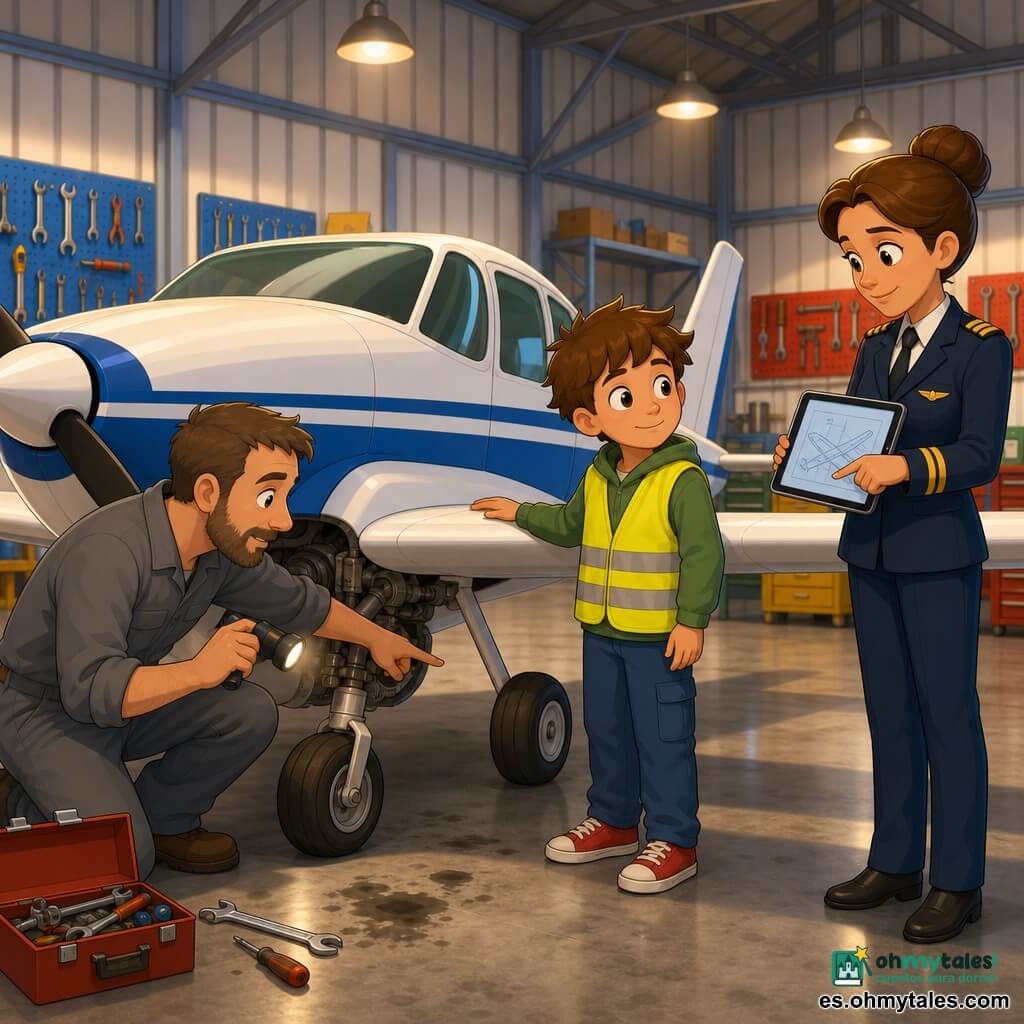 Martín, niño de unos 9 años, rostro redondo, pelo castaño despeinado, ojos curiosos, ligera sonrisa, chaleco reflectante amarillo, toca el ala de un pequeño avión y mira asombrado; la capitana Inés, mujer de unos 35 años, moño, uniforme de piloto azul marino con chaqueta con hombreras, expresión calmada y amable, está a la derecha de Martín mostrando un plano en una tableta; un mecánico de unos 40 años, barba corta, mono gris, arrodillado junto al tren de aterrizaje izquierdo con una linterna mostrando un componente del motor, en primer plano izquierdo; hangar espacioso con suelo de hormigón pulido con leves manchas de aceite, paredes metálicas gris claro, luces colgantes cálidas, herramientas en paneles de colores y un monomotor blanco y azul en el centro con alas anchas y tren visible; escena principal: momento tranquilo y estudioso donde Martín aprende en tierra rodeado por la capitana y el mecánico, atmósfera ordenada y segura, iluminación suave, colores vivos pero realistas, estilo 3D cartoon cel-shading, ligera profundidad de campo, encuadre medio para mostrar rostros y avión.