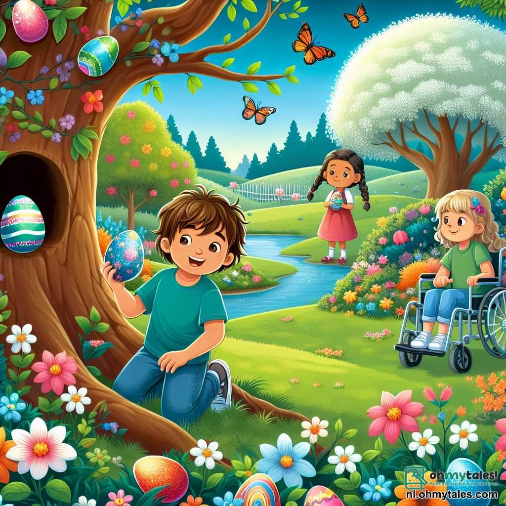 In een prachtige lentetuin zijn drie kinderen samengekomen voor een paaseierenjacht. Max, een tienjarige jongen met messy bruin haar en een blauwe t-shirt, zit geknield bij een boom en houdt een gekleurd ei in zijn handen. Rechts van hem staat Lisa, een tienjarig meisje met gevlochten blond haar in een roze jurk, die glimlacht terwijl ze haar versierde ei met glitters laat zien. Links zit Noor, een tienjarig meisje in een rolstoel met kastanjebruin haar en een groene t-shirt, die verwonderd naar de andere kinderen kijkt. De tuin is gevuld met heldere bloemen, vlinders fladderen rond, en een grote majestueuze boom staat in het midden met groene bladeren. Op de achtergrond glinstert een klein beekje in de zon. De kinderen zijn op zoek naar verborgen paaseieren en hebben net een mysterieuze deur in de stam van de boom ontdekt die hen leidt naar een magisch avontuur.