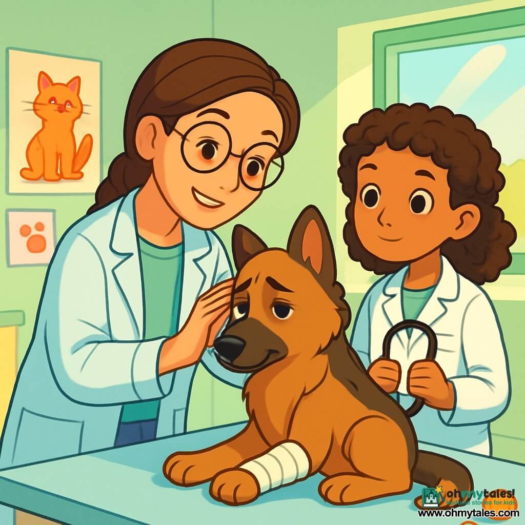 A veterinarian, Dr. Willow, is a woman in her thirties with braided brown hair and round glasses. She has a warm smile and sparkling, kind eyes. She is leaning over an examination table, gently petting a shepherd dog, Buster, who looks a bit sad with a bandaged paw. Next to her, Maya, a 12-year-old girl, wears a white coat and observes attentively. She has curly hair and a curious expression, holding a stethoscope in her hands. The setting is a bright veterinary clinic with pastel green walls, colorful animal posters, and scattered pet toys on the floor. A window lets in sunlight, illuminating the room. The main scene shows Dr. Willow examining Buster gently while Maya takes notes, creating an atmosphere of care and attention, filled with warmth and compassion.