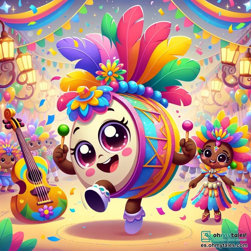 Ilustración que representa un pequeño tambor alegre, con una gran concha colorida en la cabeza, decorada con plumas brillantes de todos los colores. Tiene ojos chispeantes y una amplia sonrisa, golpeando alegremente su propio cuerpo al ritmo de la música del carnaval. A su lado, una guitarra femenina, vestida con un vestido de flores brillantes, baila con gracia, mostrando una sonrisa radiante y ojos brillantes de felicidad. Un poco más lejos, una flauta masculina, vestida con una capa estrellada, toca una melodía suave, con los ojos cerrados, perdido en la música y con una expresión de serenidad en su rostro. El lugar principal es una plaza central animada de la isla Colorida, rodeada de palmeras danzantes, flores multicolores y farolillos centelleantes. Confetis vuelan en el aire, y los habitantes de la isla, alegres y coloridos, se reúnen alrededor de los instrumentos para celebrar. La situación principal muestra al tambor tocando con entusiasmo, llevando a todos los demás instrumentos a una danza festiva, creando una atmósfera de alegría y camaradería. Elementos gráficos adicionales incluyen globos coloridos flotando en el cielo, niños riendo y bailando alrededor, y suaves olas del mar al fondo, añadiendo a la atmósfera festiva y alegre de este carnaval mágico.